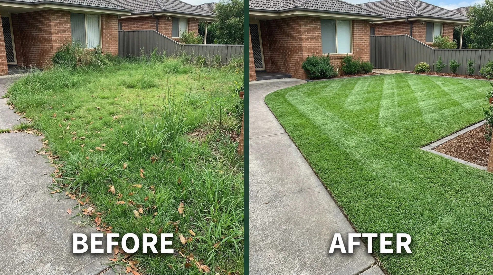 Before and after lawn mowing - overgrown grass transformed to perfectly mowed lawn with striping in Sydney suburb