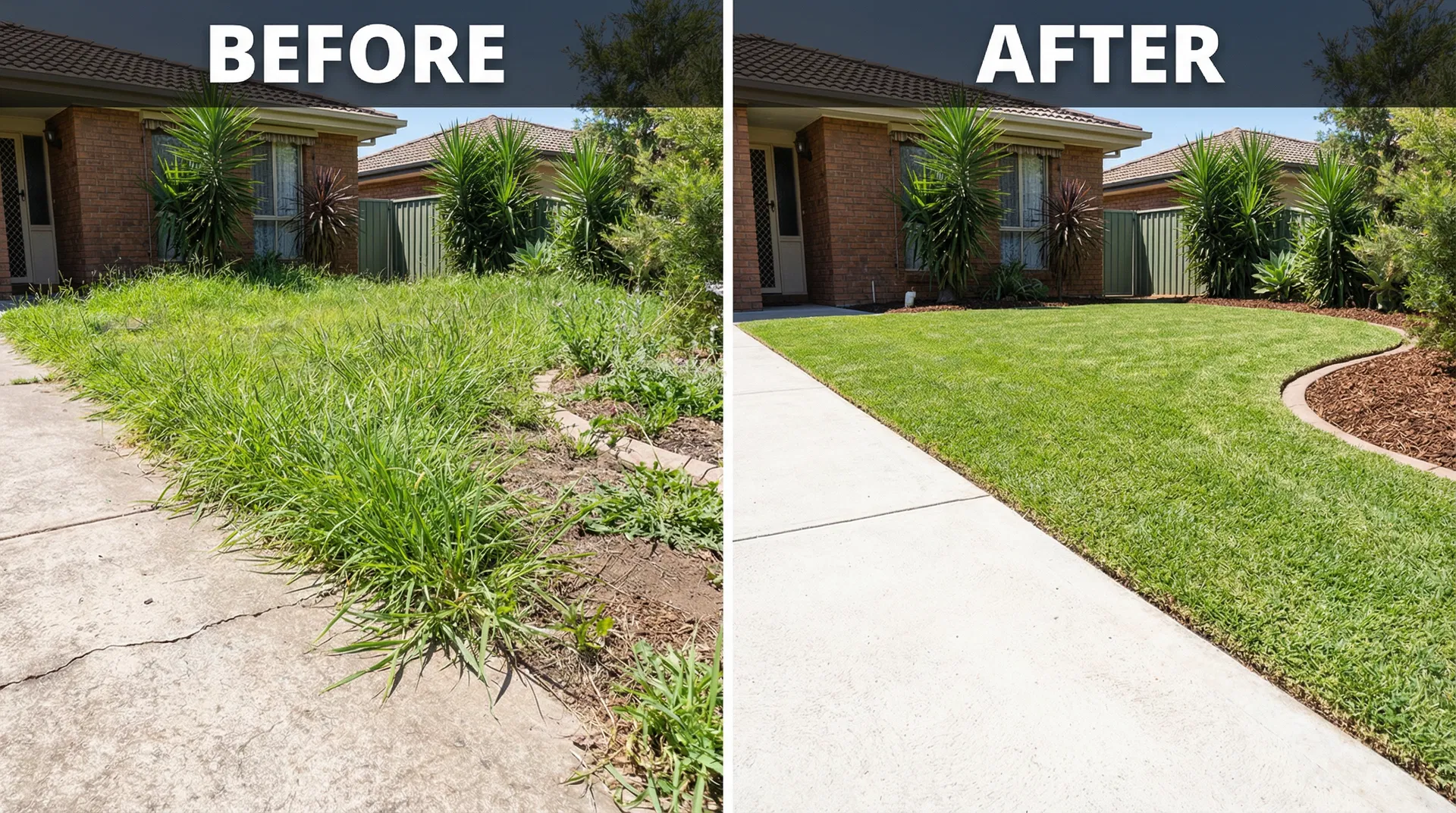 Before and after edging - grass creeping over driveway cut back with precision edging and clean paths