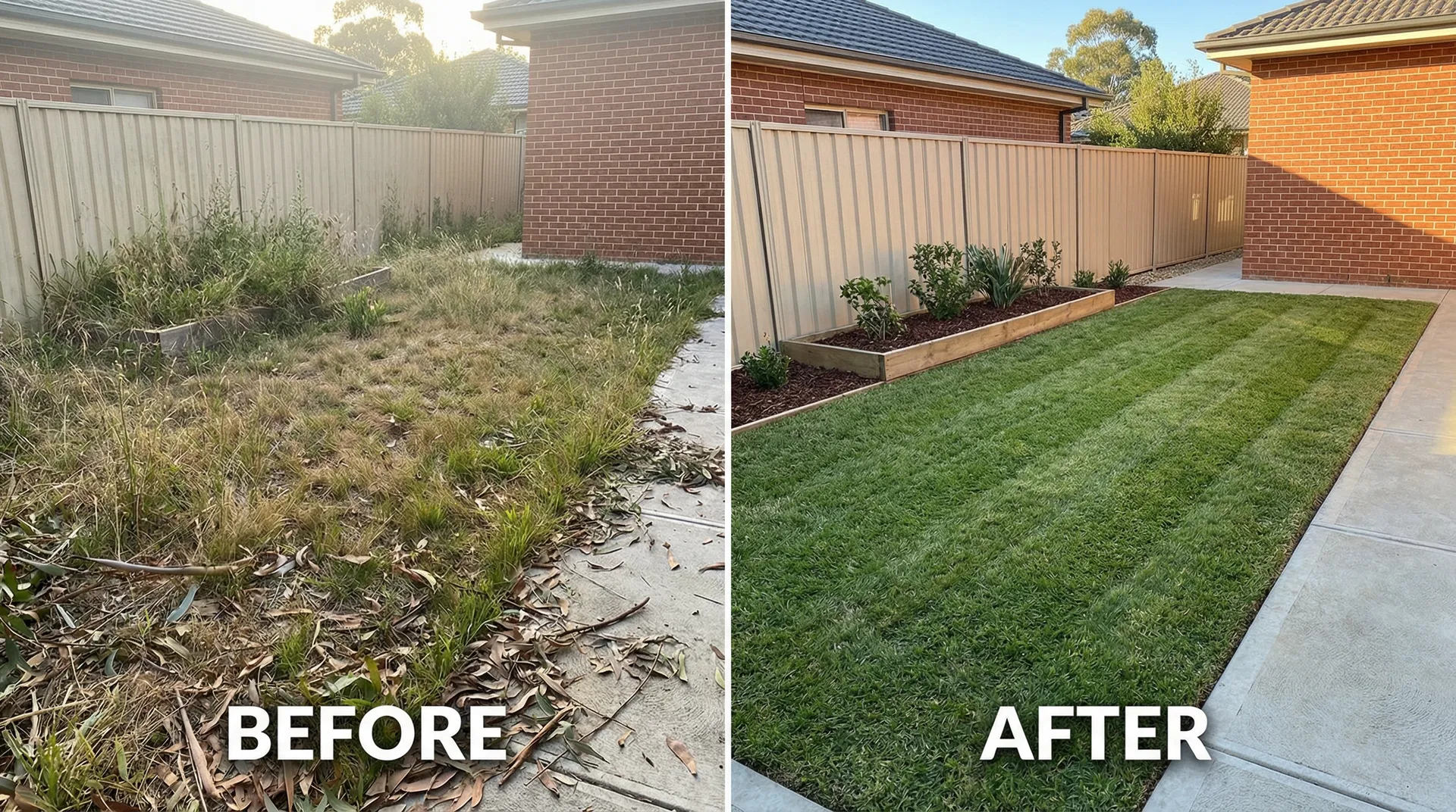 Before and after garden cleanup - weedy neglected backyard cleaned up with mowing, weeding, and debris removal