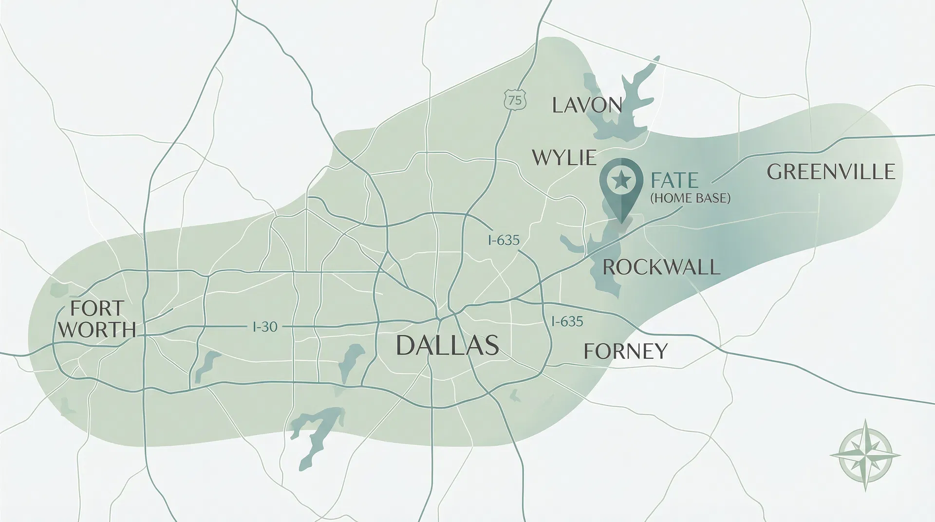 Service area map showing coverage from Fort Worth to Greenville, Texas — including Fate, Rockwall, Wylie, Lavon, Forney, and Dallas