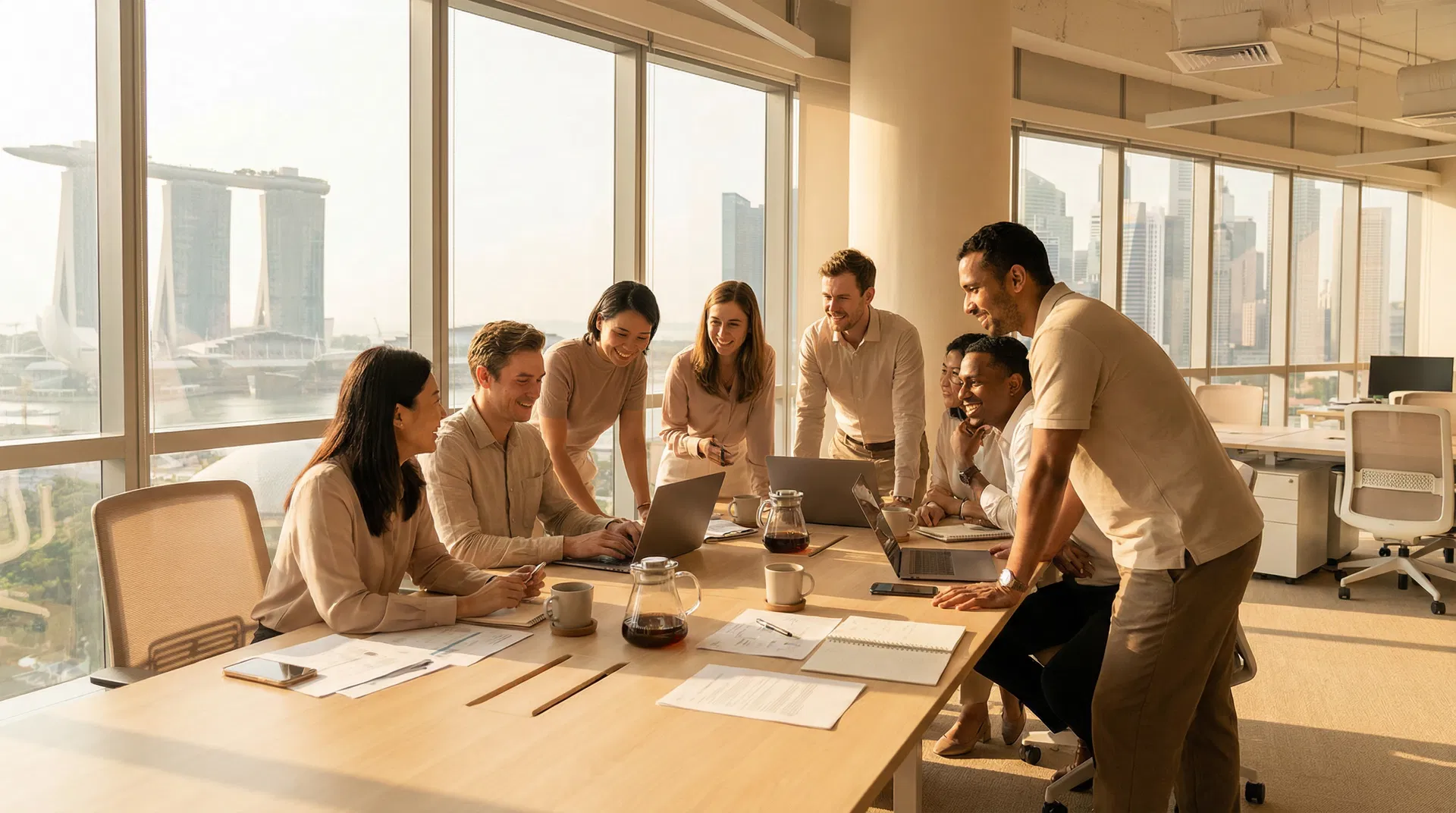 Diverse team collaborating in a modern Singapore office with city skyline view