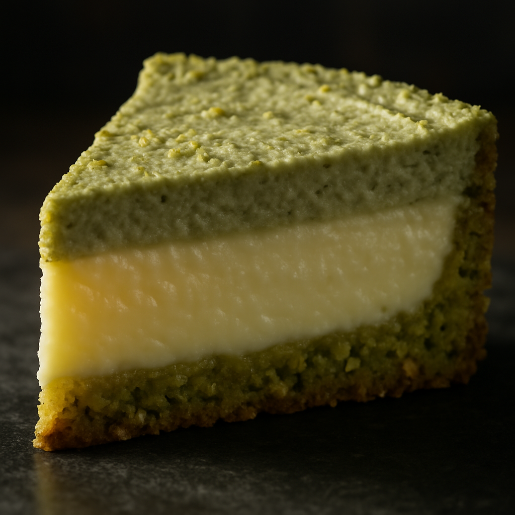 Close-up da fatia da torta de pistache com limão siciliano