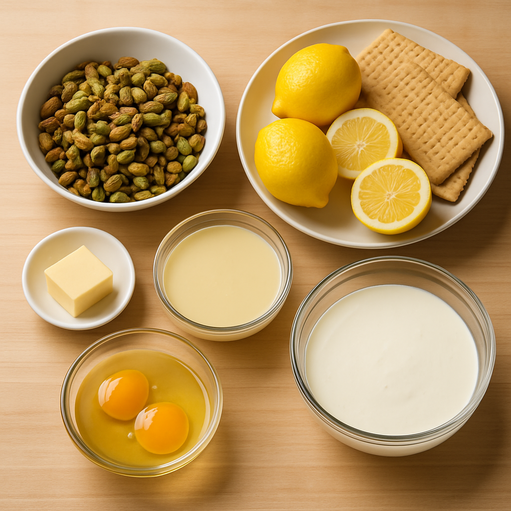 Mise en place dos ingredientes para a torta de pistache com limão siciliano
