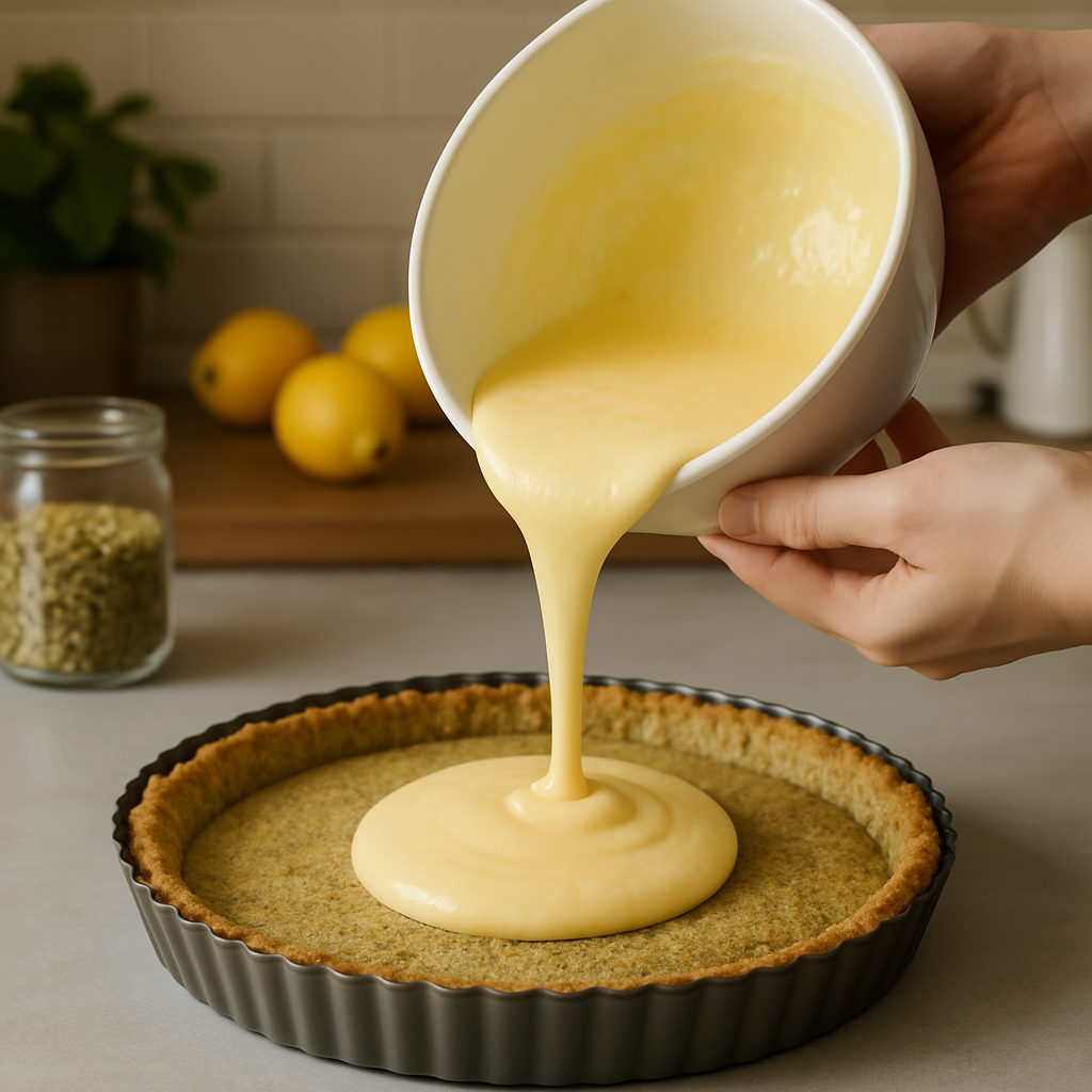 Montagem da torta de pistache com limão siciliano