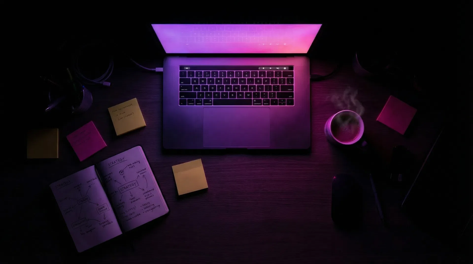 Strategy consulting session with frameworks and sticky notes