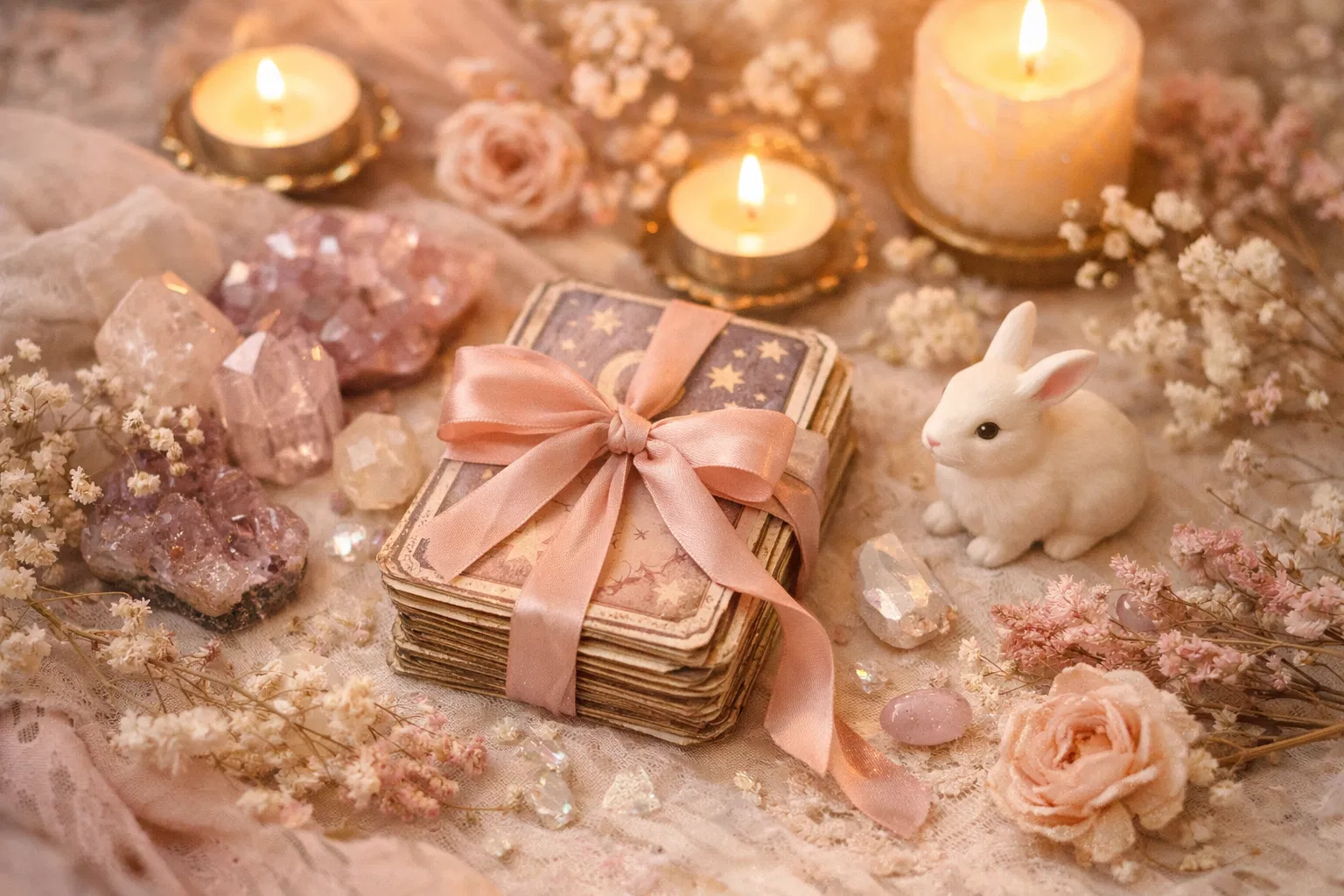 Monthly subscription tarot reading with crystals and white rabbit