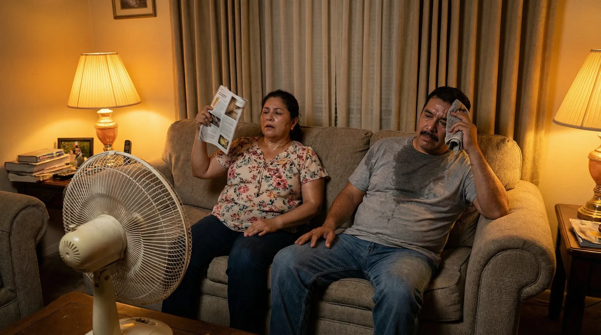 Sweaty uncomfortable couple trying to cool off with a fan in a hot Florida home without AC