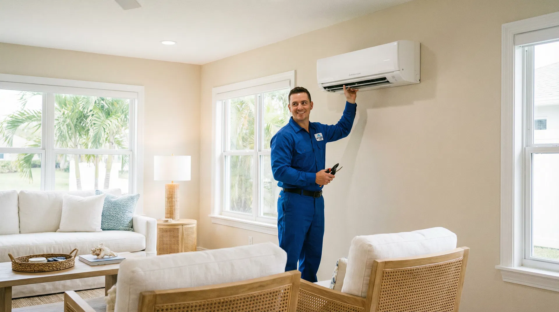 Professional HVAC technician installing a ductless mini-split system in a Florida home
