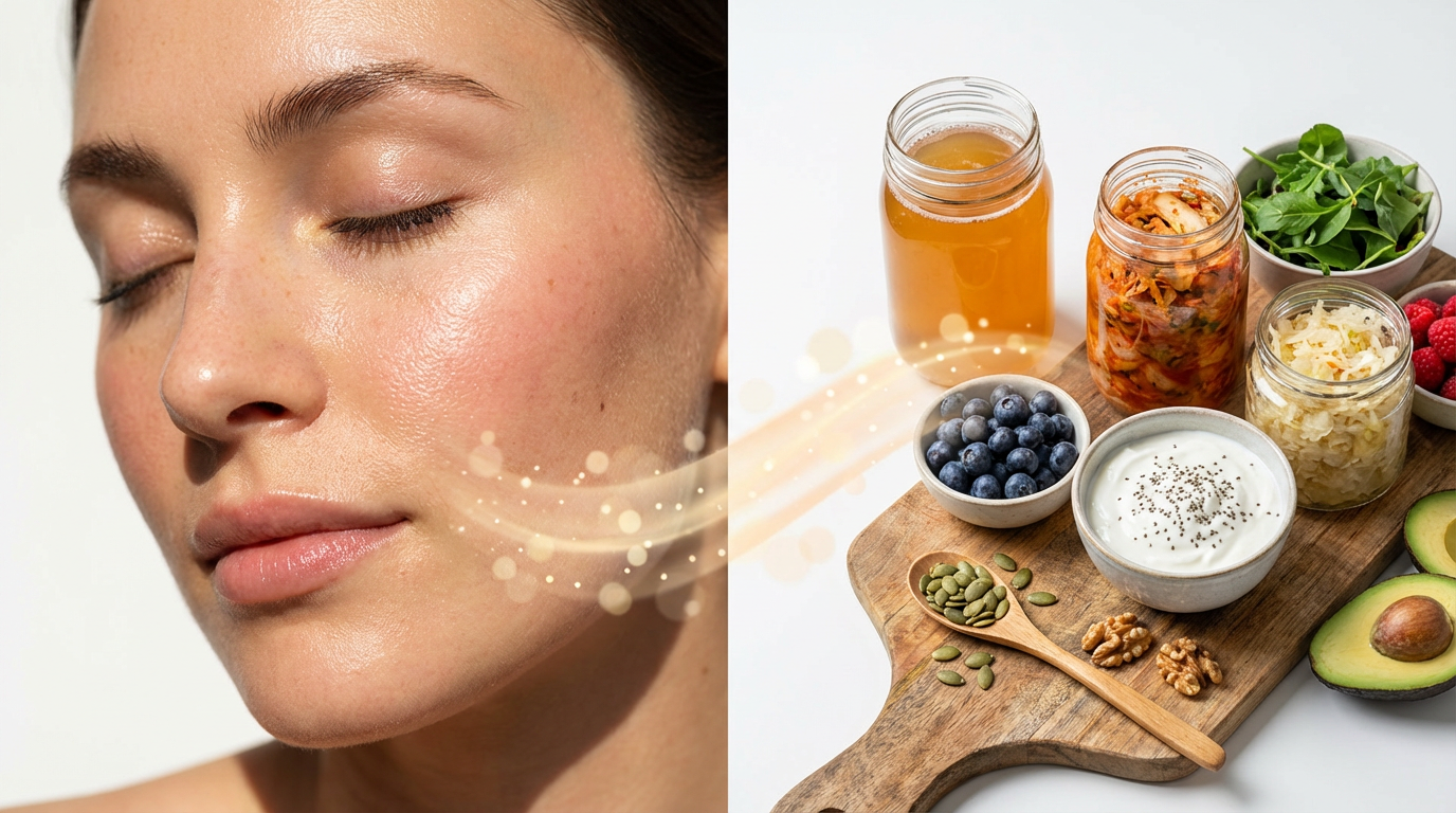 A split image showing a woman with glowing skin on one side, and gut-healthy foods on the other, connected by a gentle flow of light.