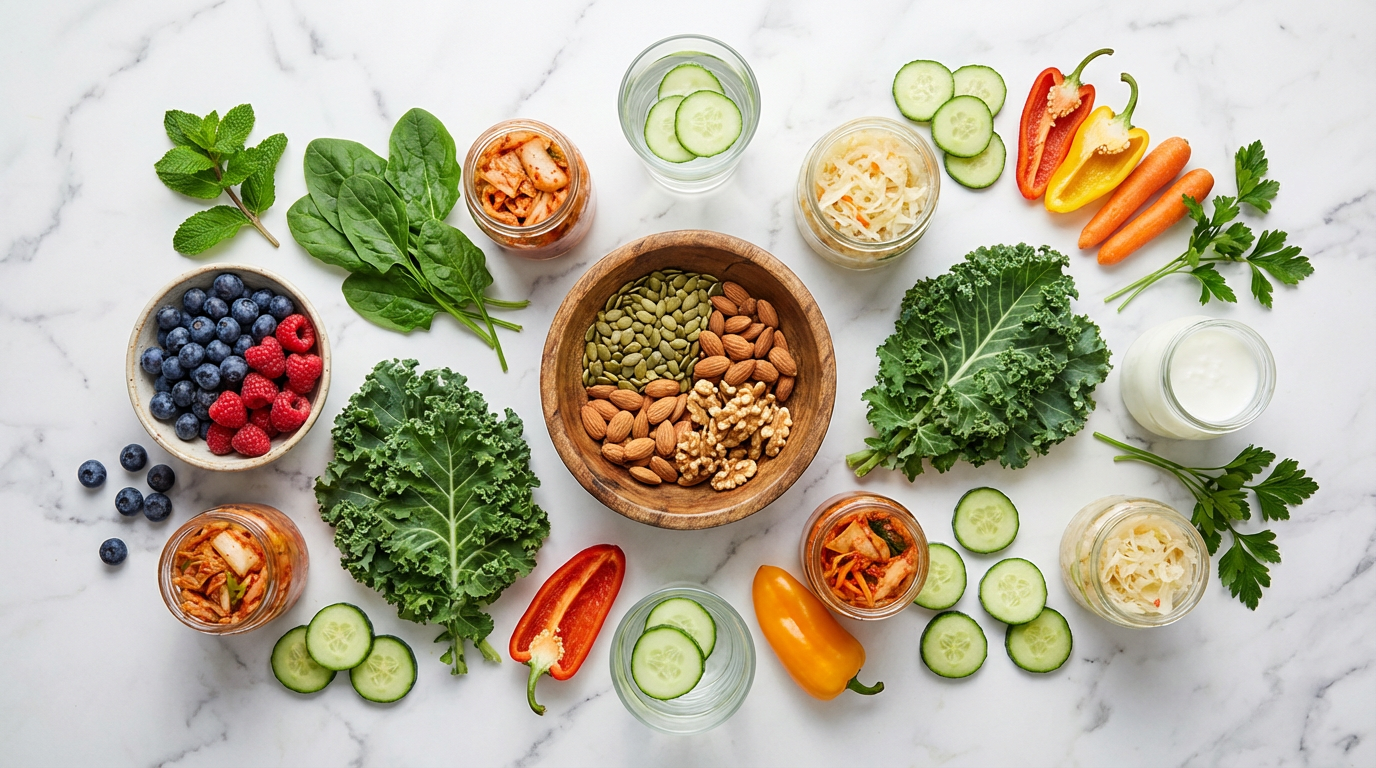 An overhead shot of anti-inflammatory foods like leafy greens, berries, nuts, and seeds arranged on a marble surface.