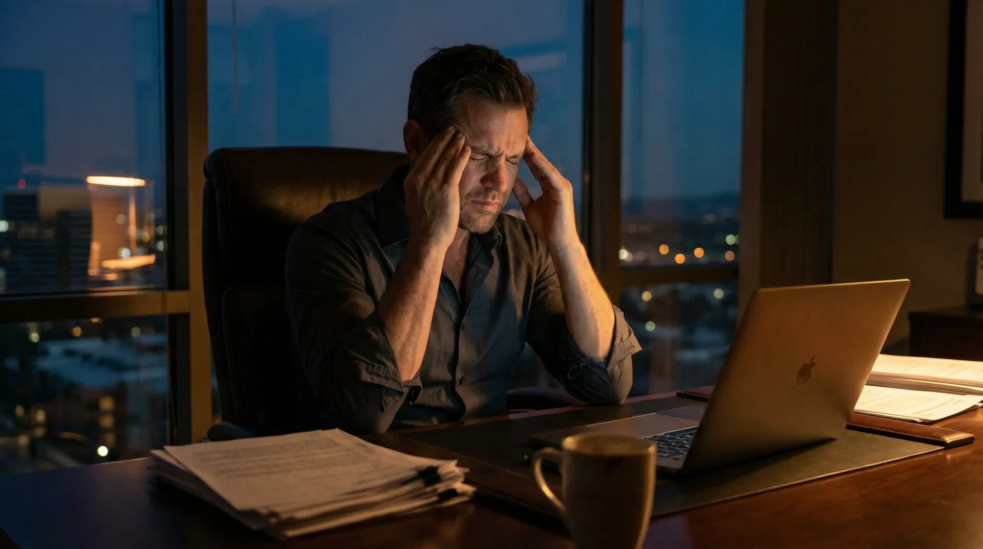 Exhausted executive experiencing brain fog at his desk