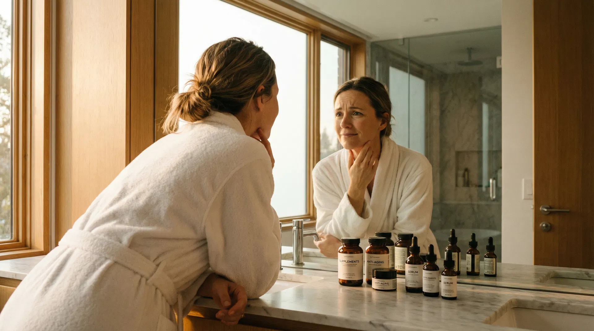 Woman examining her skin surrounded by supplements that haven't worked