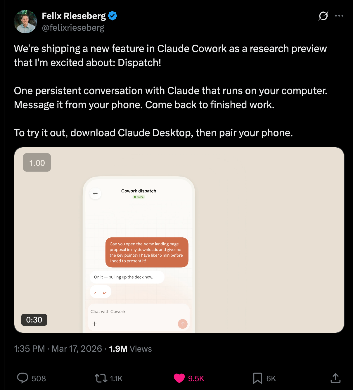Claude Cowork Dispatch 發布公告