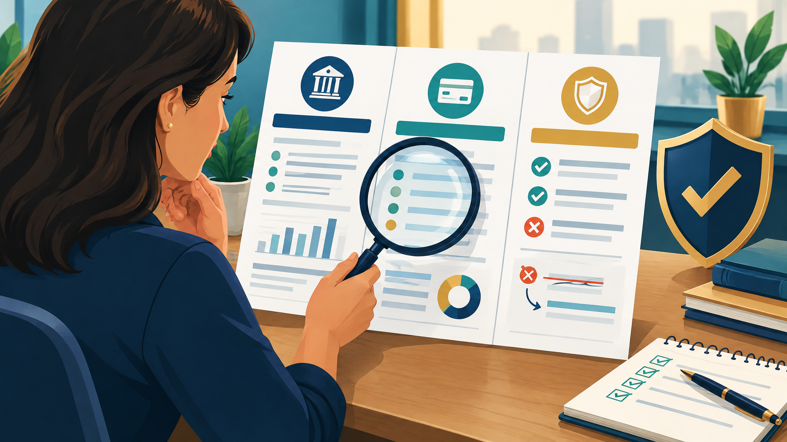 A consumer reviewing a banking history report with a checklist and magnifying glass