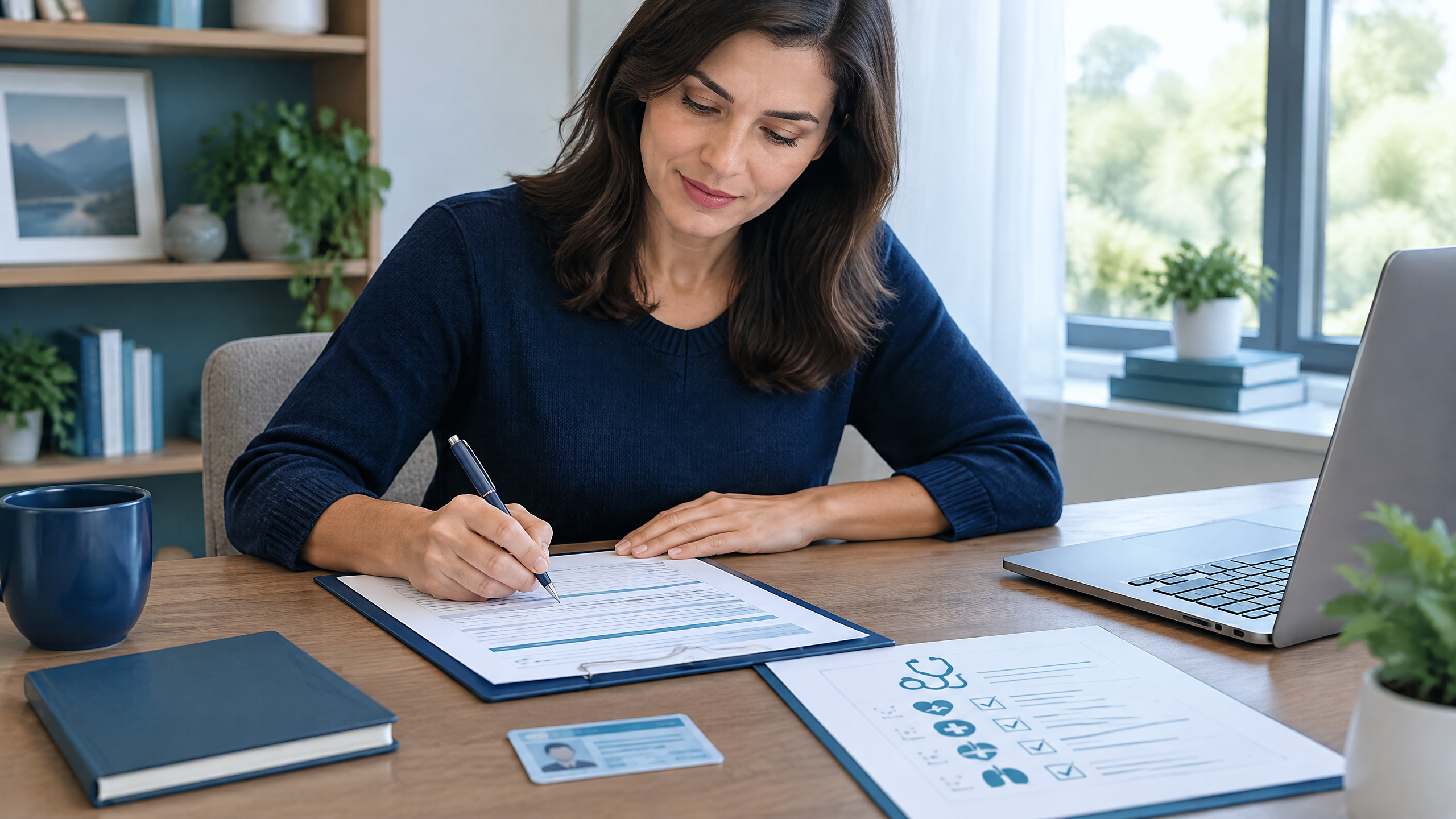 An applicant completing a life insurance application with documents and a laptop
