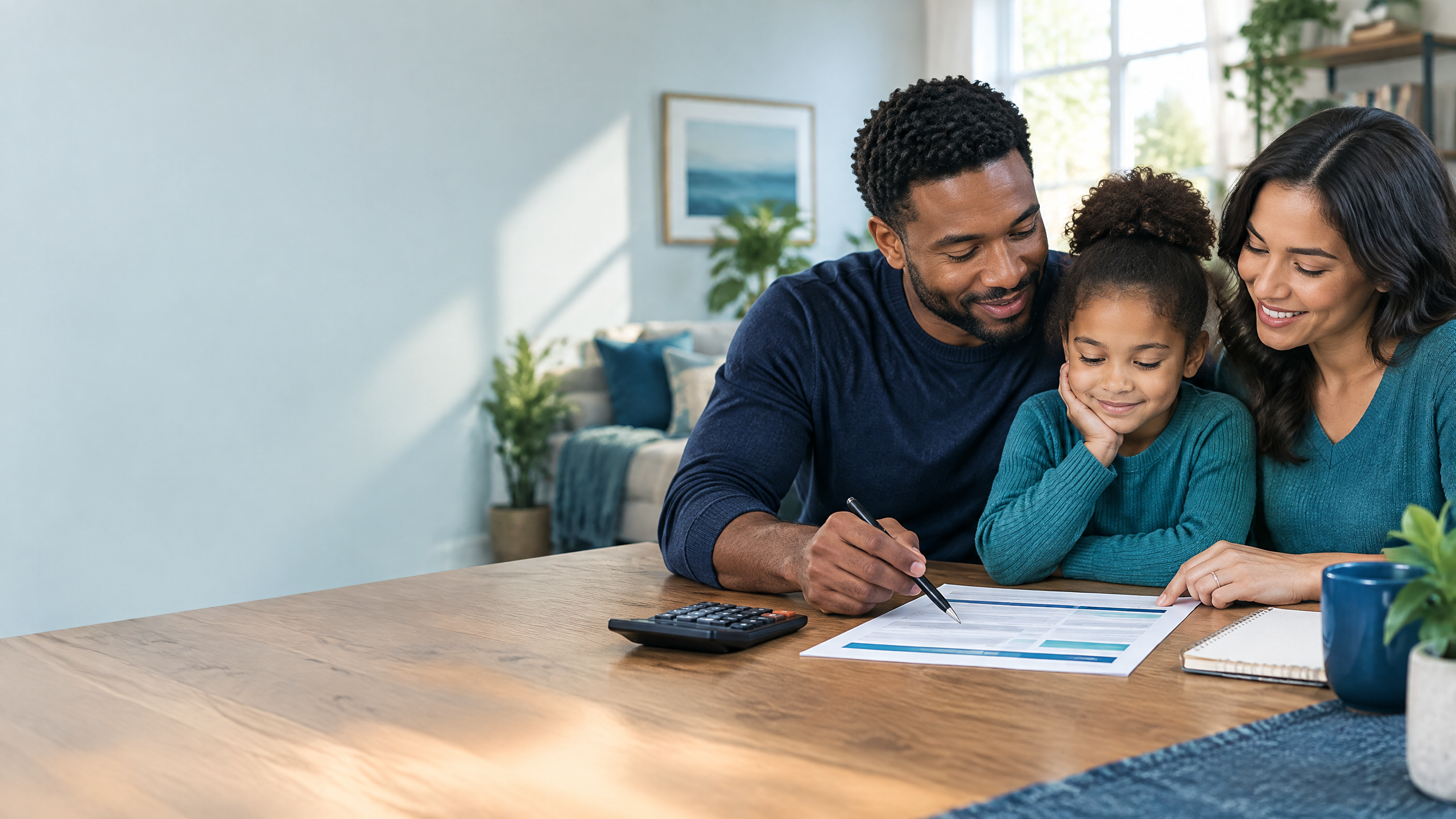 A family reviewing a life insurance planning worksheet at home