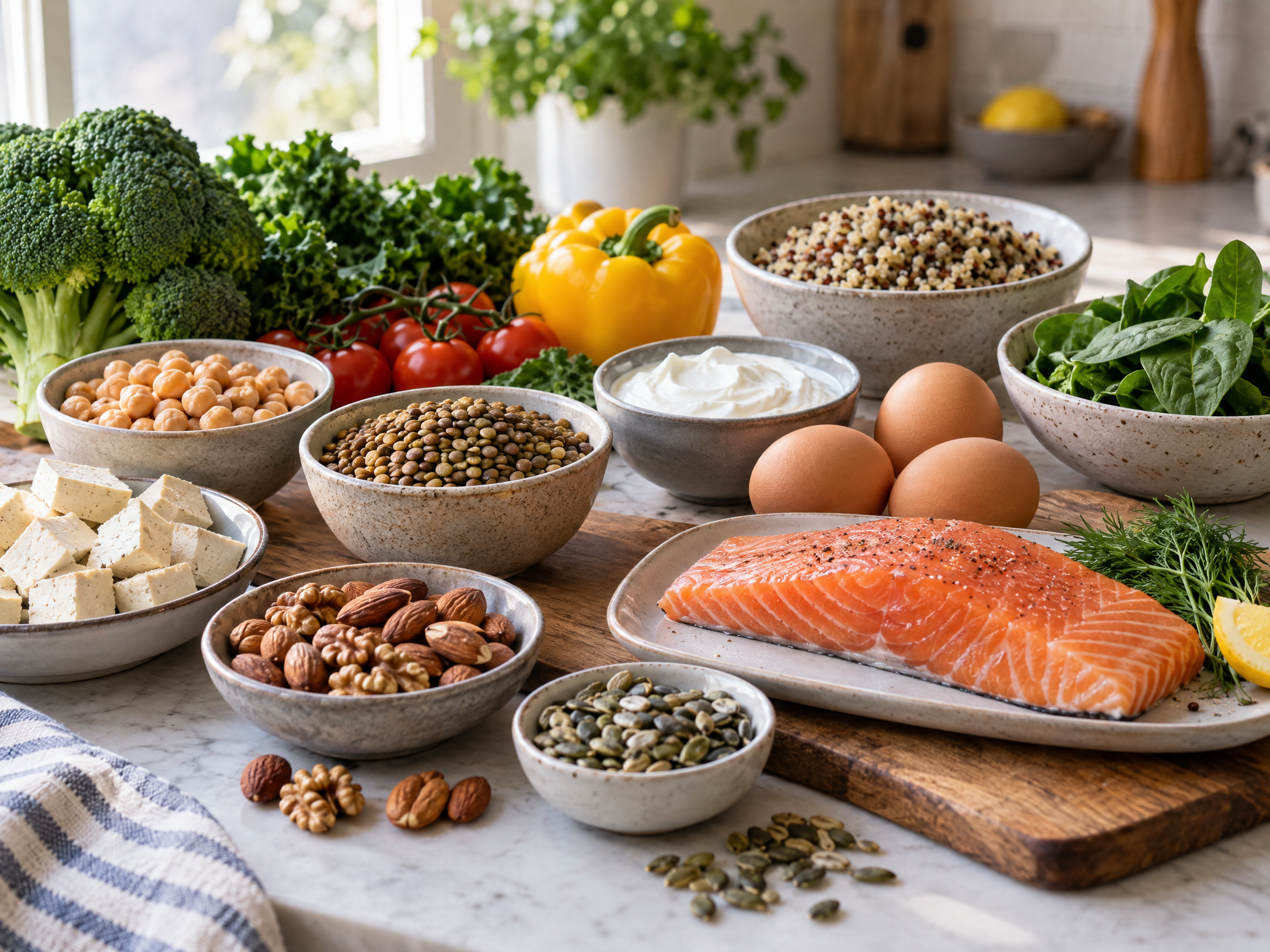 A balanced selection of protein foods including lentils, tofu, eggs, yogurt, nuts, seeds, and fish.