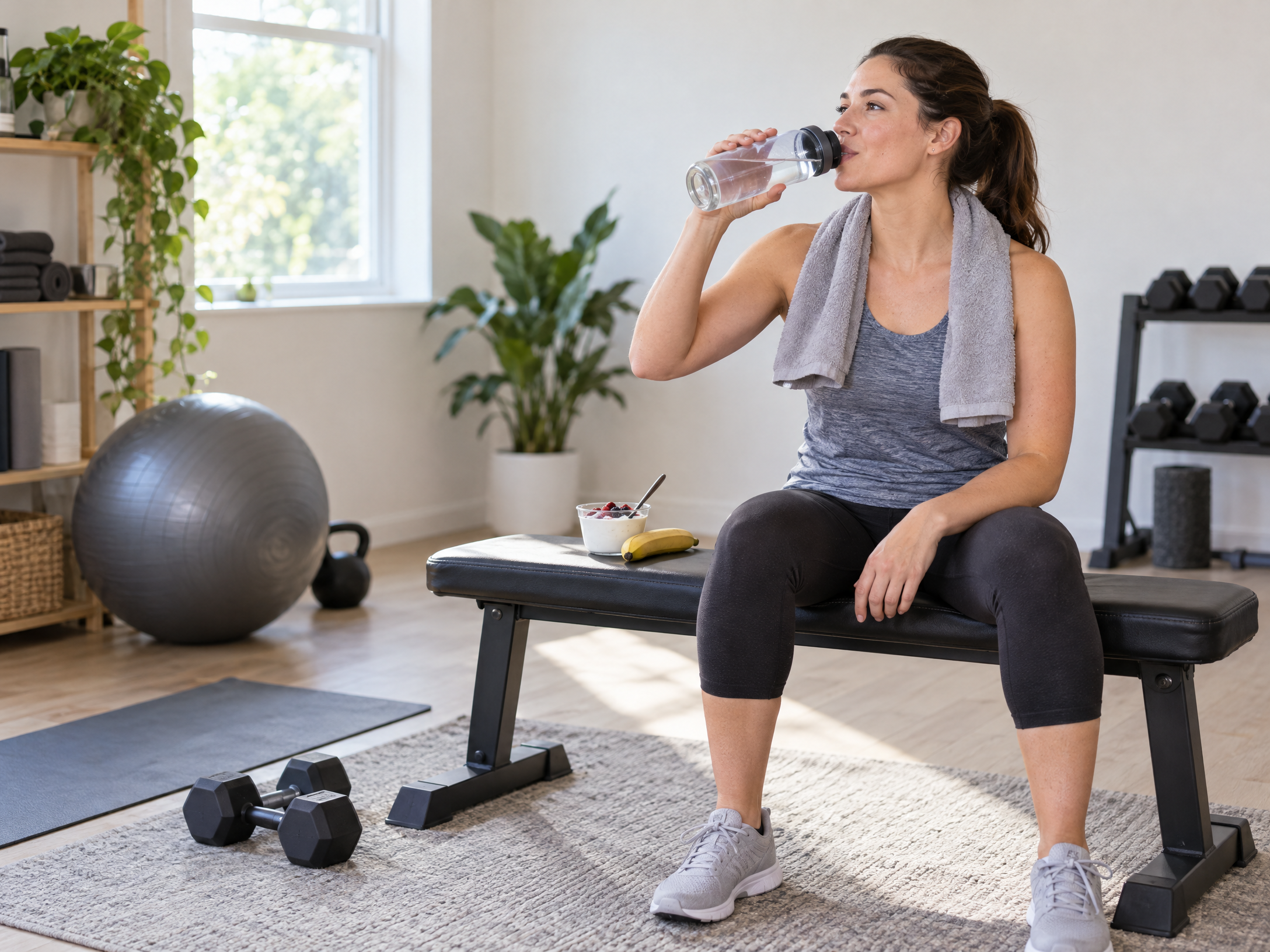 An adult resting after a moderate strength workout with water and a balanced snack nearby.
