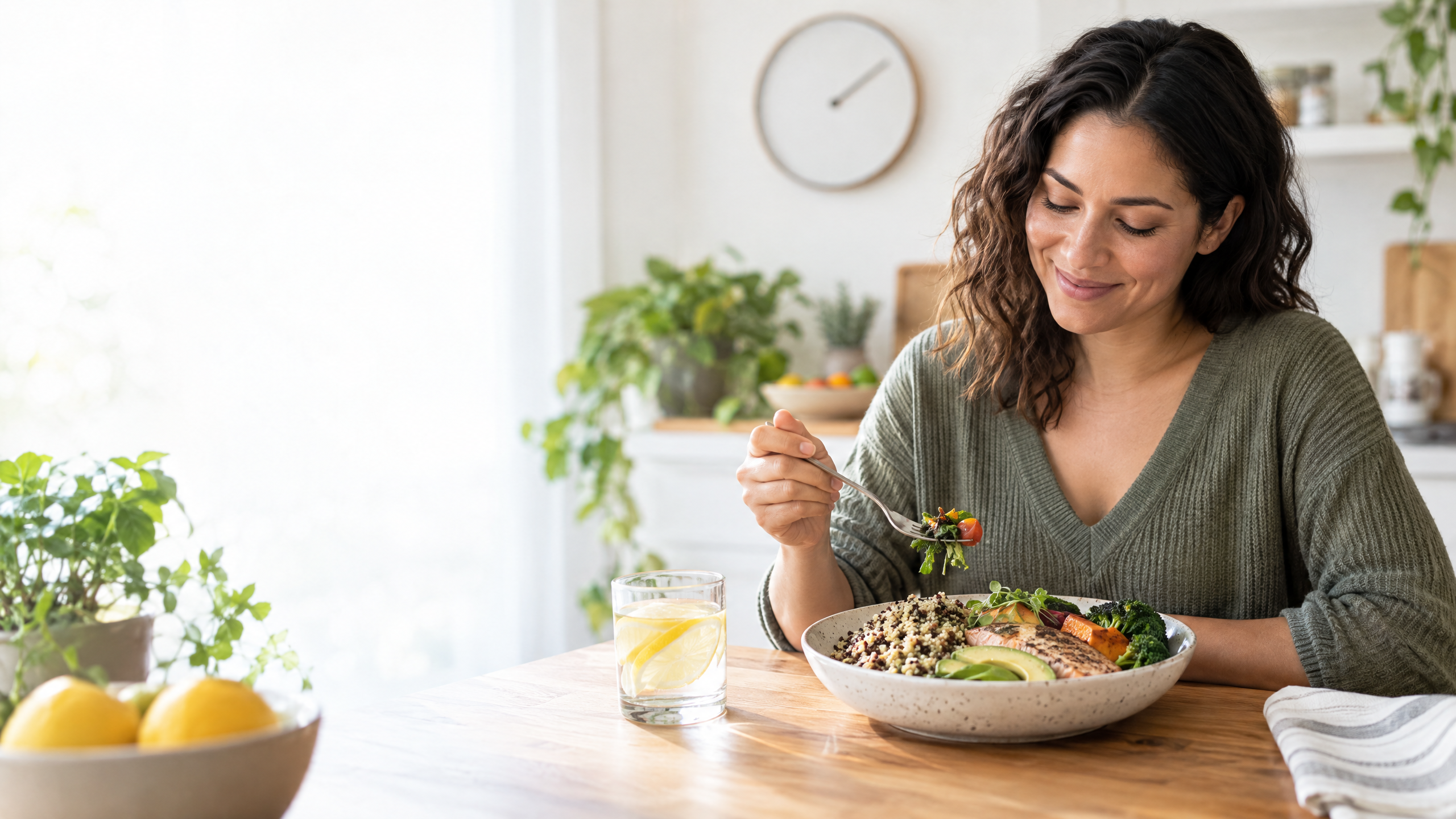 An adult enjoying a balanced meal at home, illustrating a flexible approach to meal timing and nutrition.