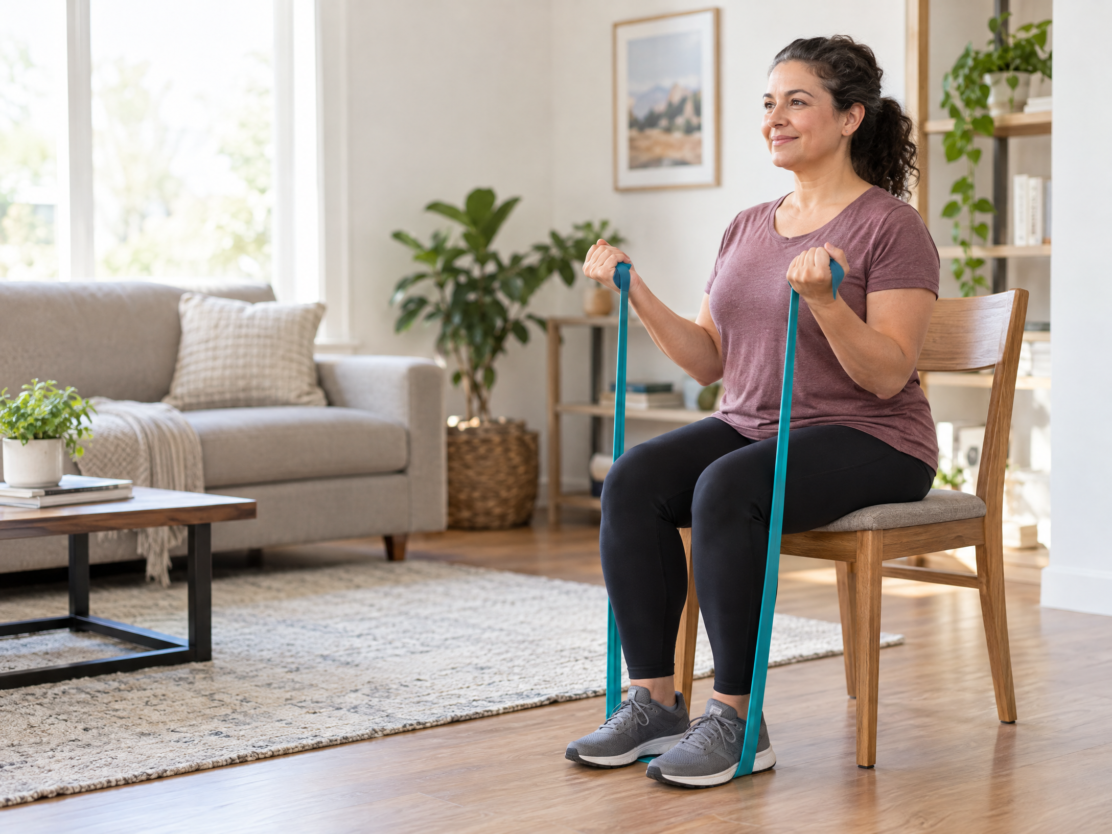 An adult beginner using a light resistance band while seated upright on a stable chair at home.