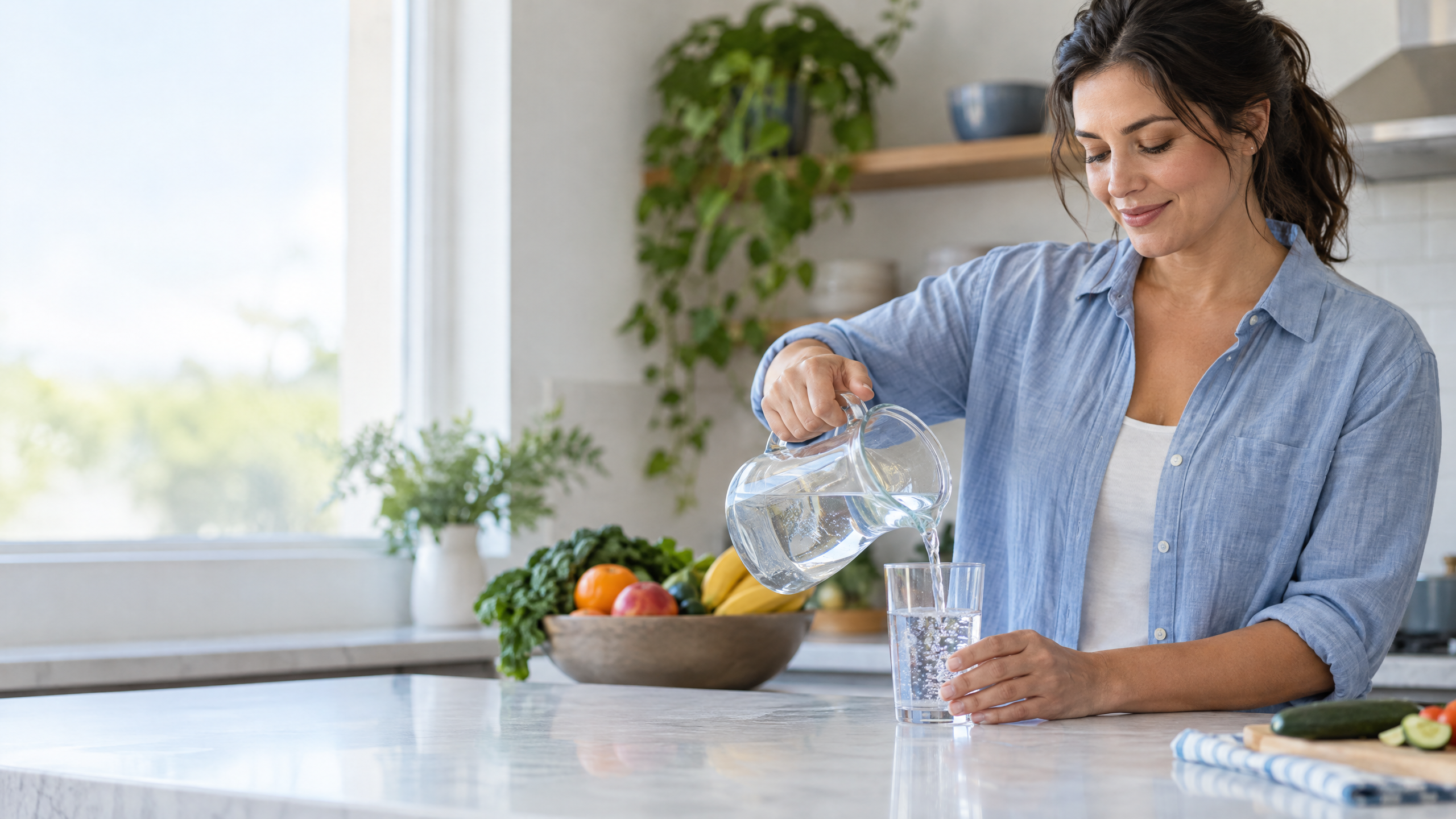 An adult pouring a glass of water in a bright home kitchen as part of a balanced daily routine.
