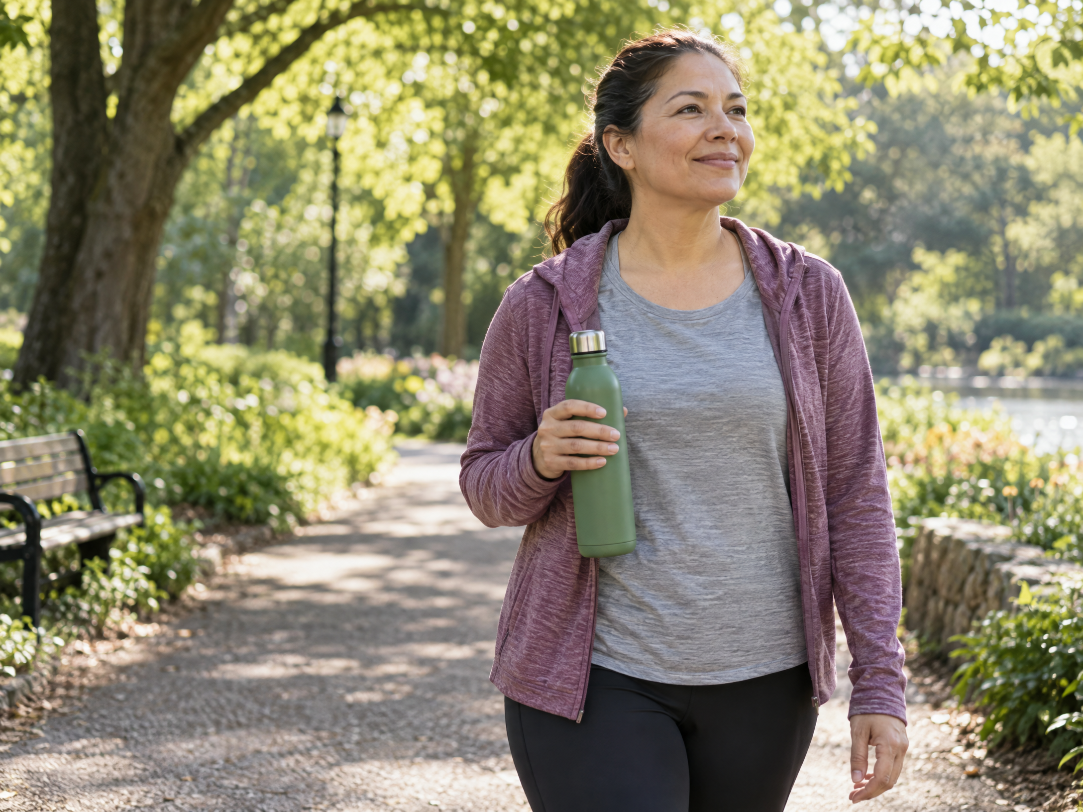 An adult holding a reusable water bottle before a comfortable walk in a green neighborhood park.