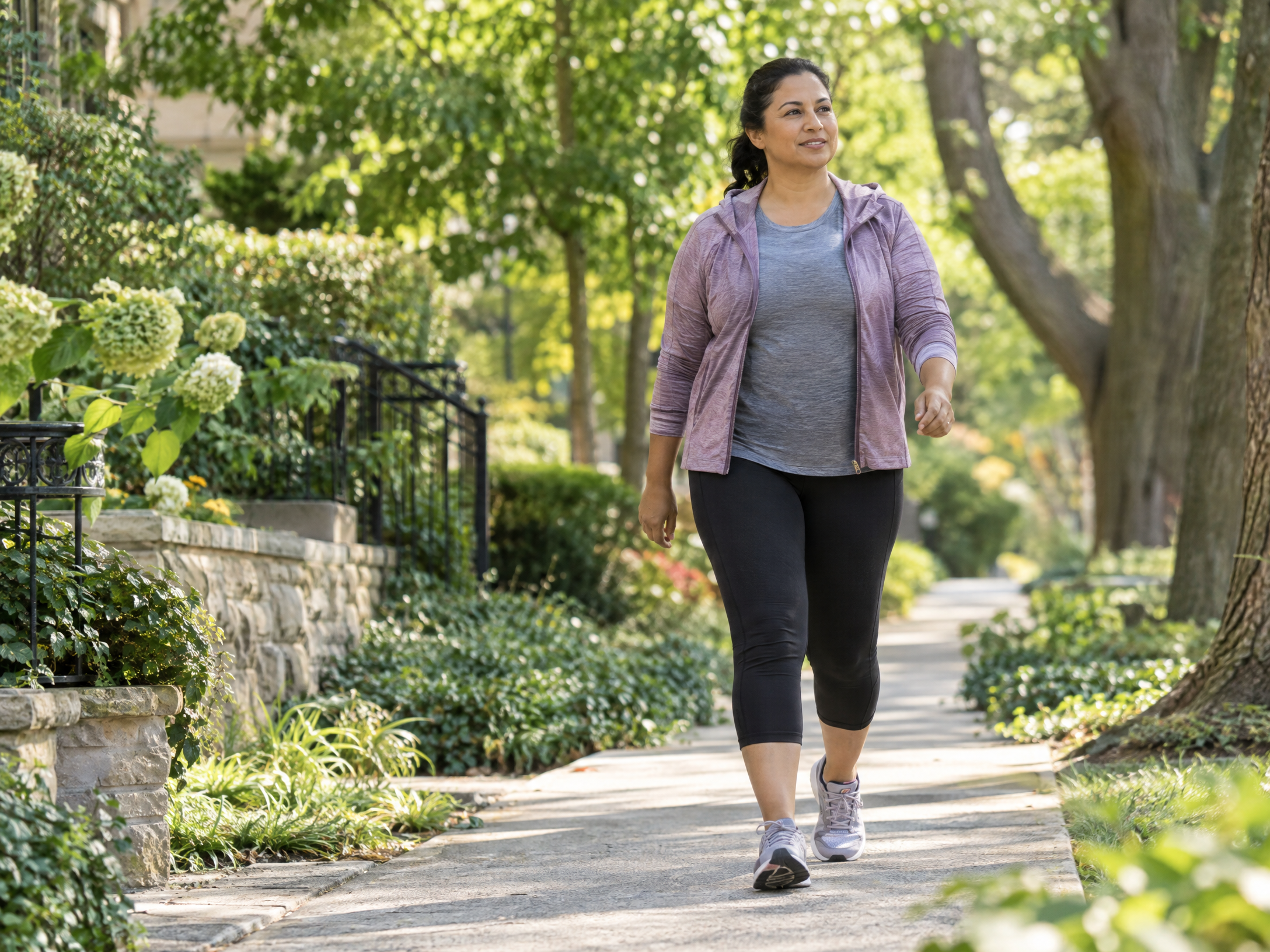 An adult taking a relaxed morning walk on a leafy neighborhood path.