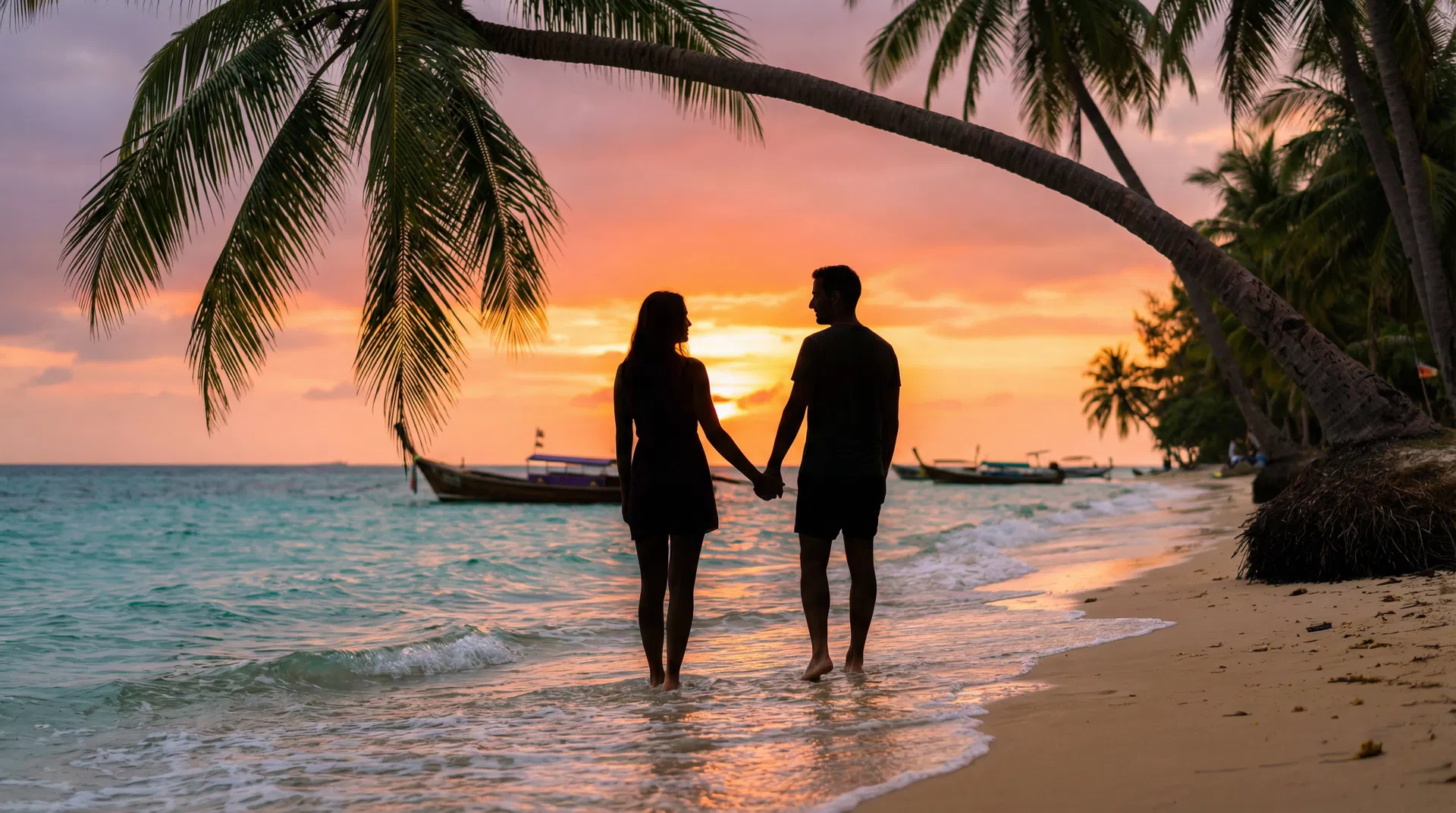 Romantic couple on tropical beach at sunset