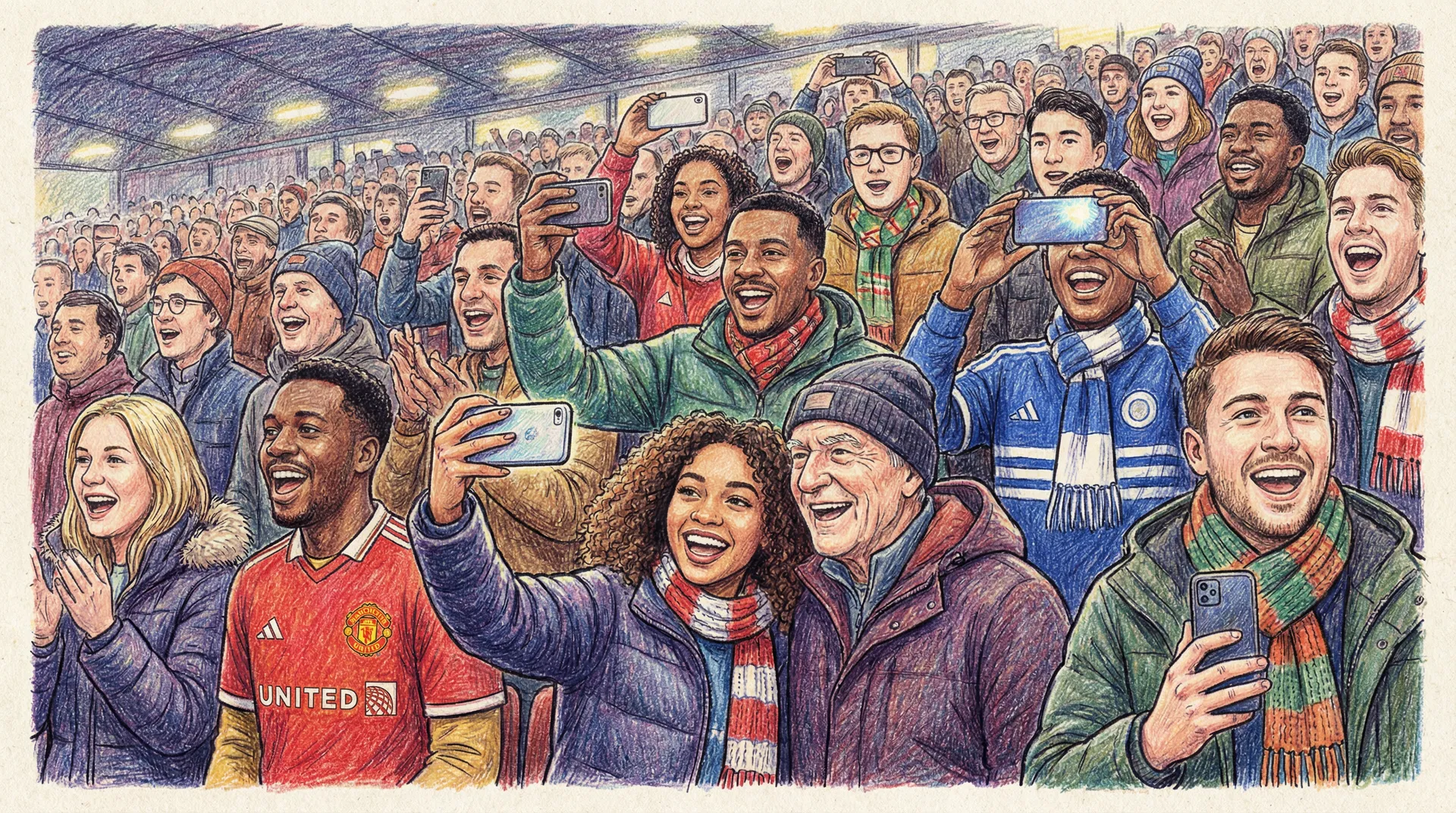 Fans cheering at football match with cell phones