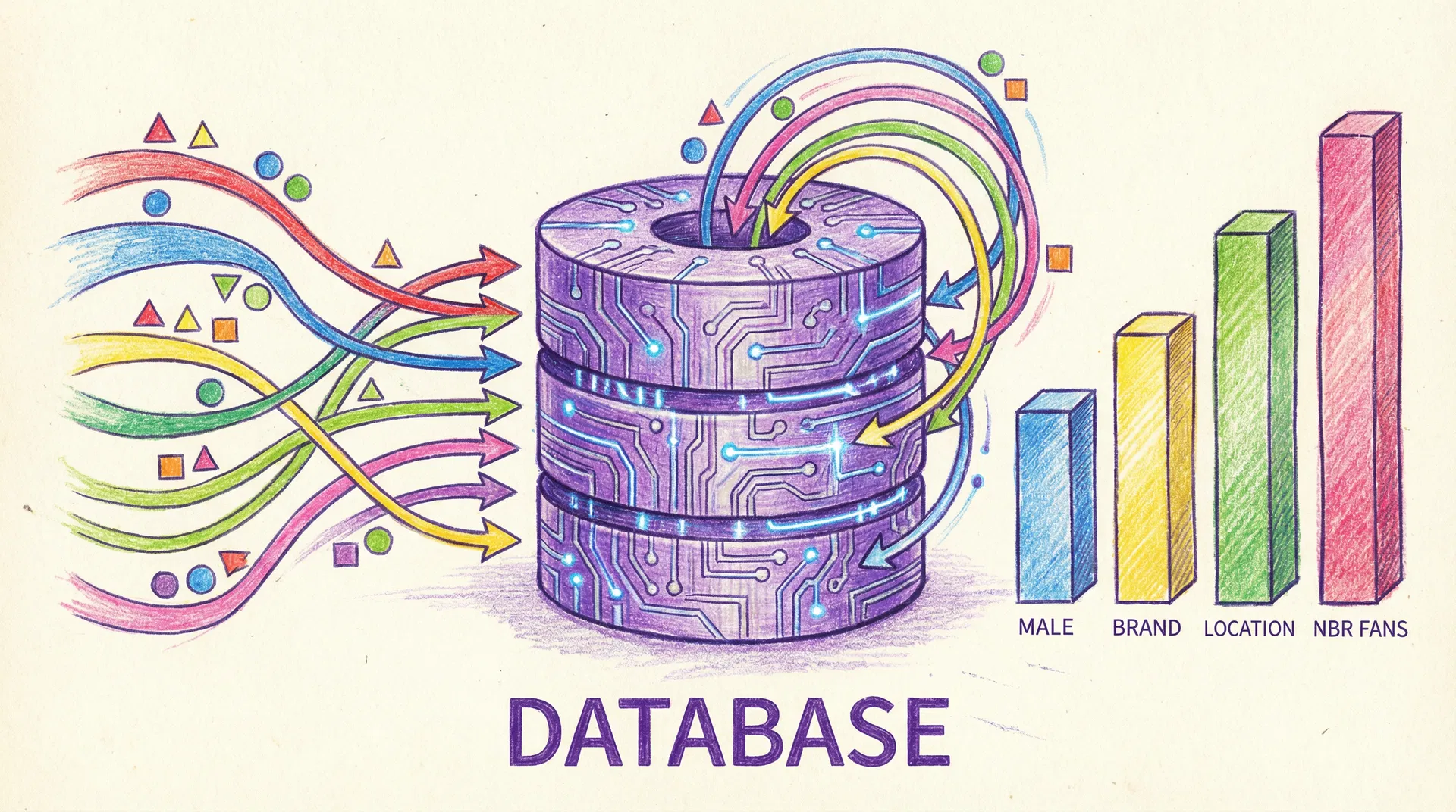Database with colorful data flows - Male, Brand, Location, Number of Fans analytics