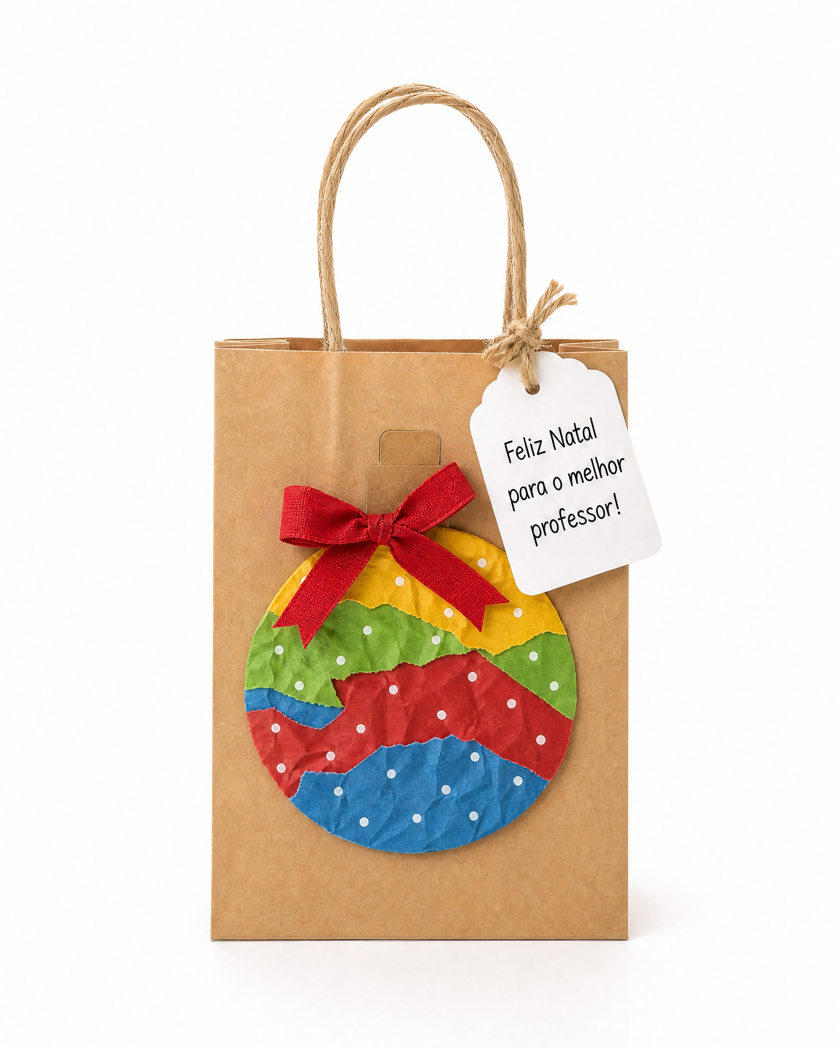 Sacolinhas kraft com bola de Natal feita de papel colorido amassado