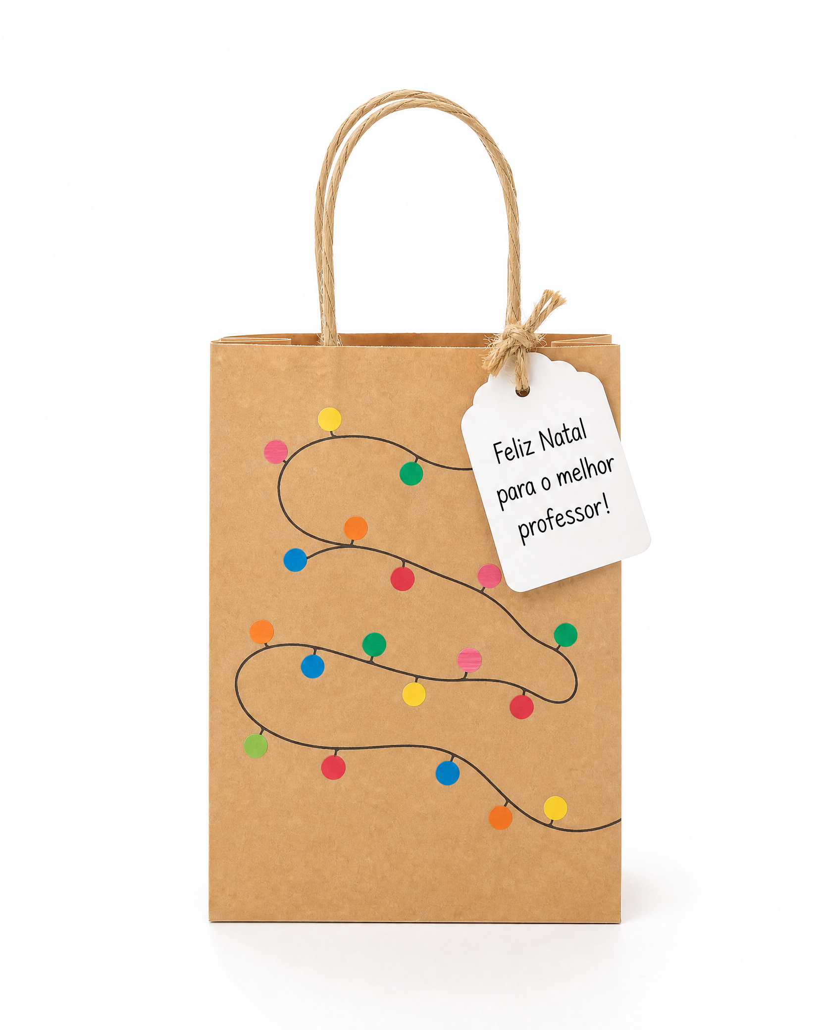 Sacolinha kraft com cordão de luzes de Natal desenhado com caneta e papel colorido