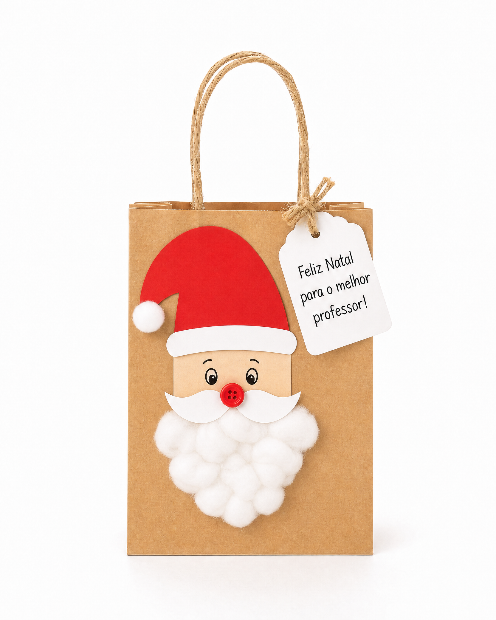Sacolinha kraft com rosto de Papai Noel feito de papel e algodão
