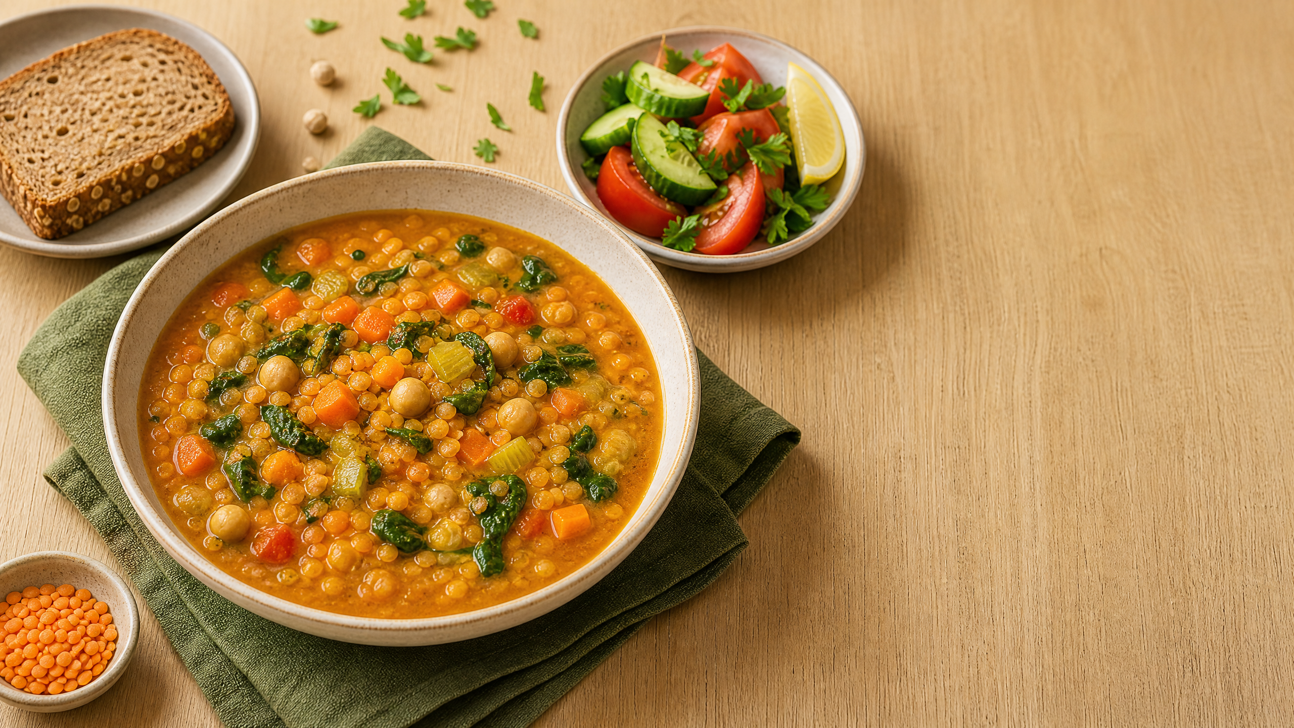 شوربة عدس بالحمص والخضار مع سلطة وخبز حبوب كاملة