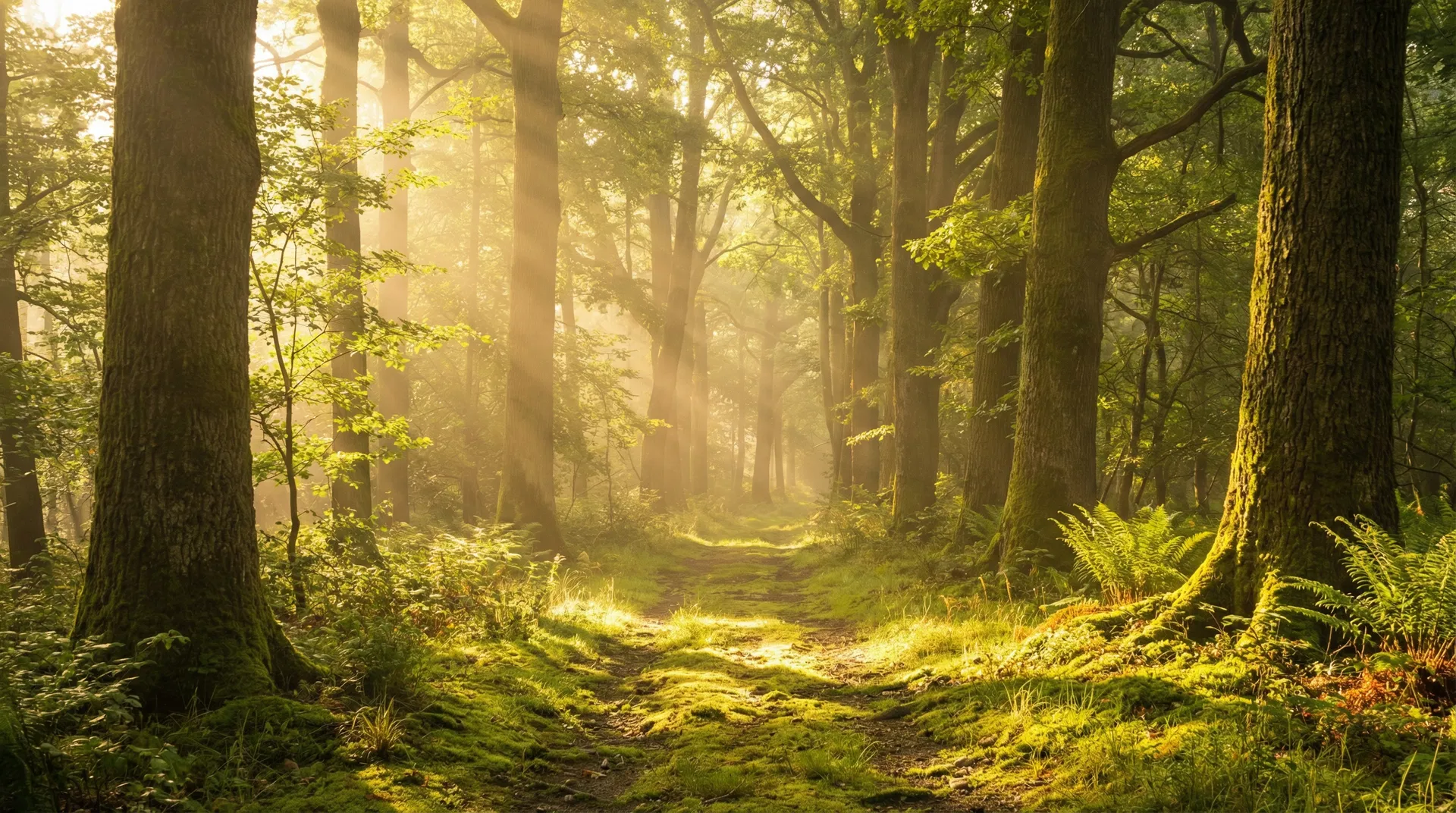 A forest trail winding through ancient trees