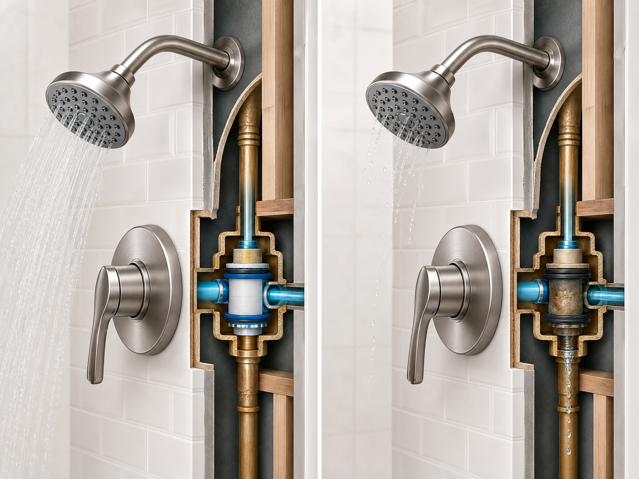 Cutaway illustration showing a healthy shower cartridge beside a worn cartridge that allows a persistent leak