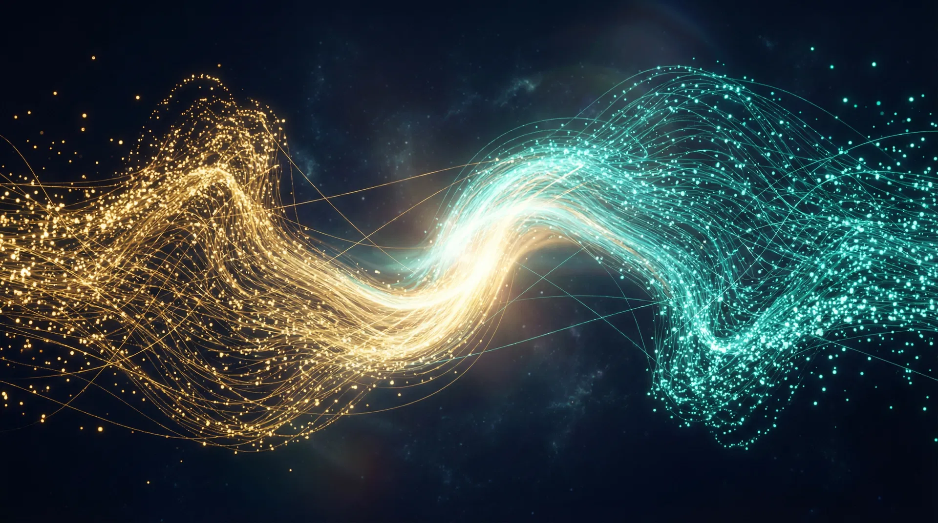 Partnership visualization — gold and teal streams merging