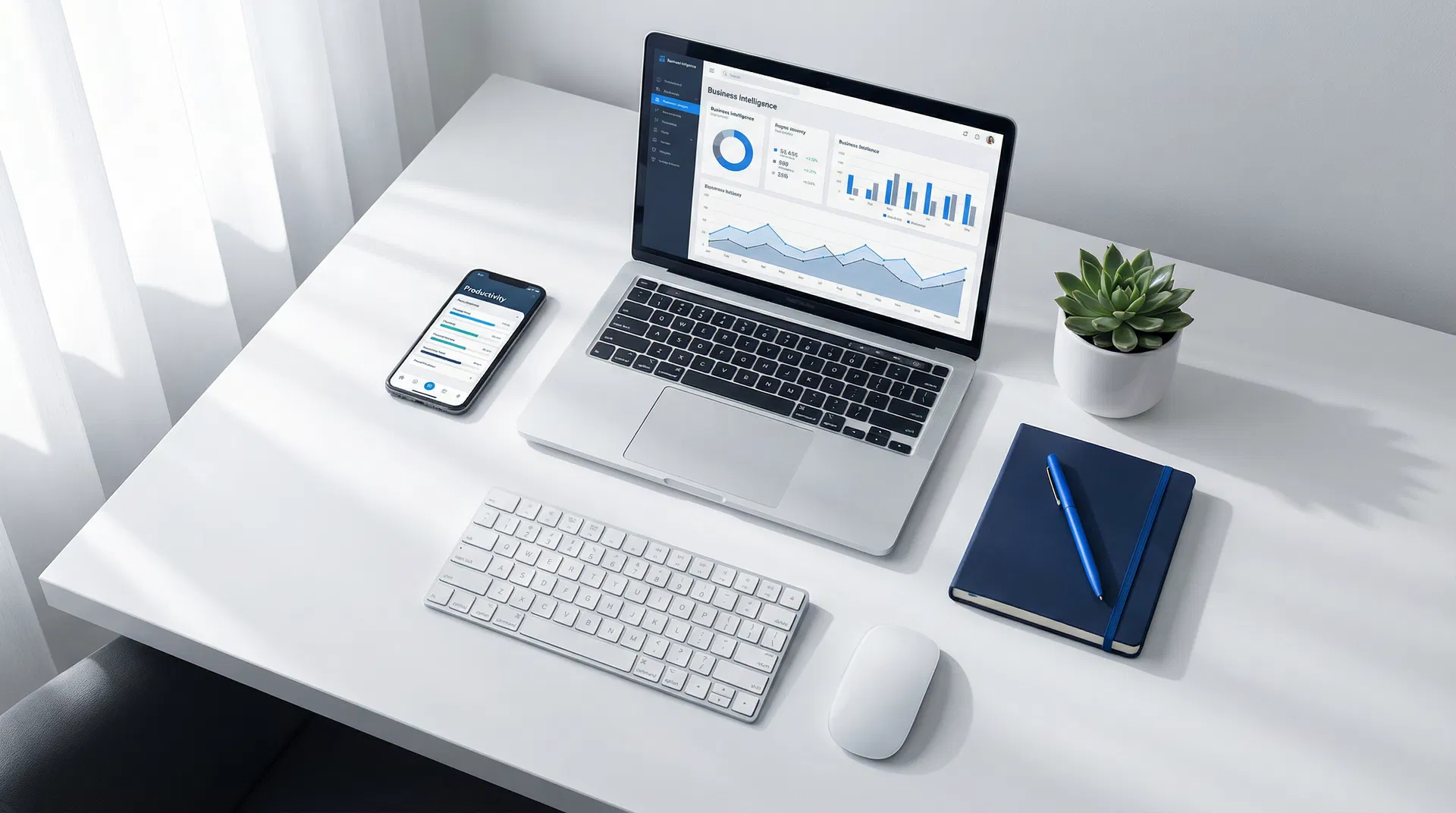 Professional workspace with productivity monitoring dashboard