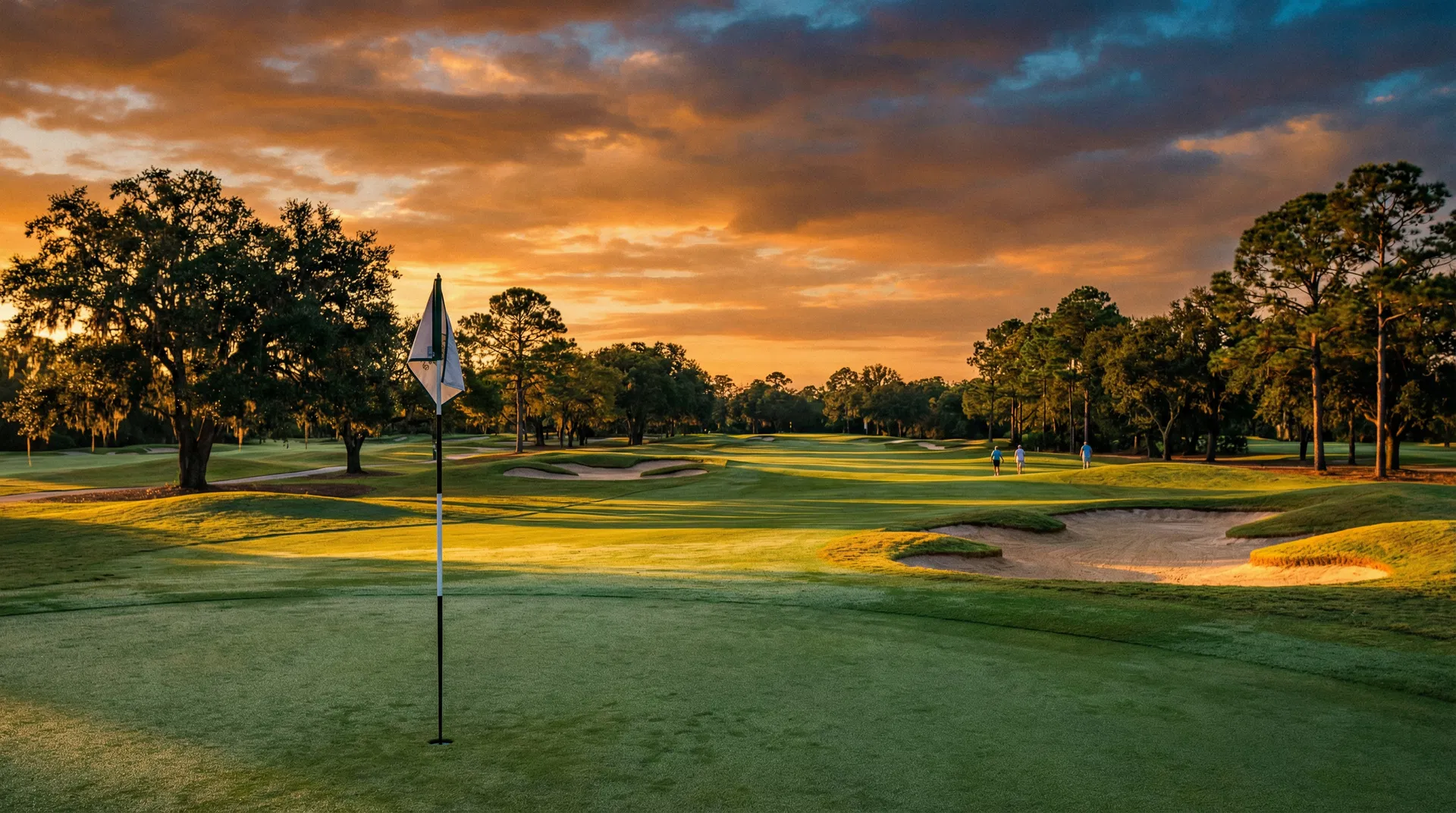 Championship golf course at sunset