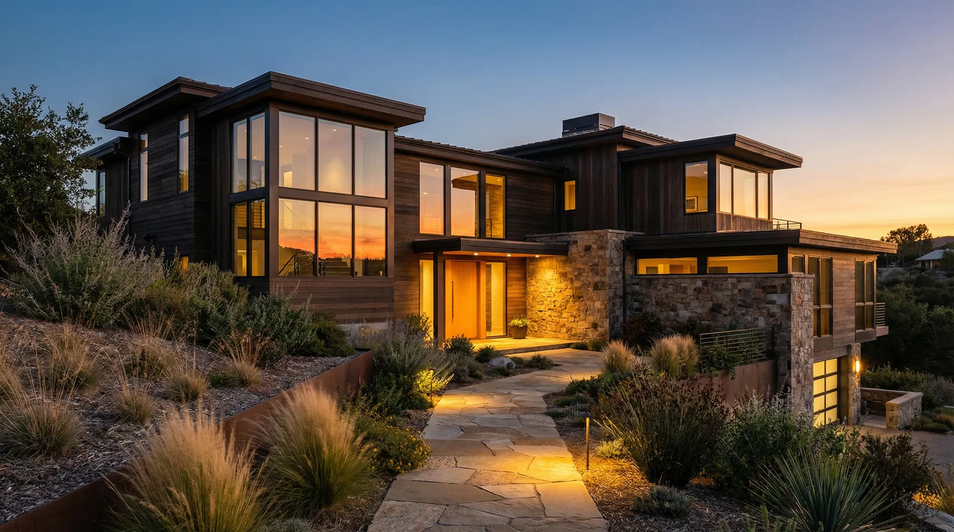 Modern luxury custom home at golden hour