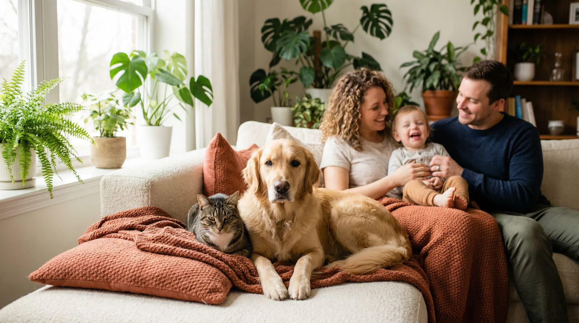 Glückliche Familie mit Haustieren
