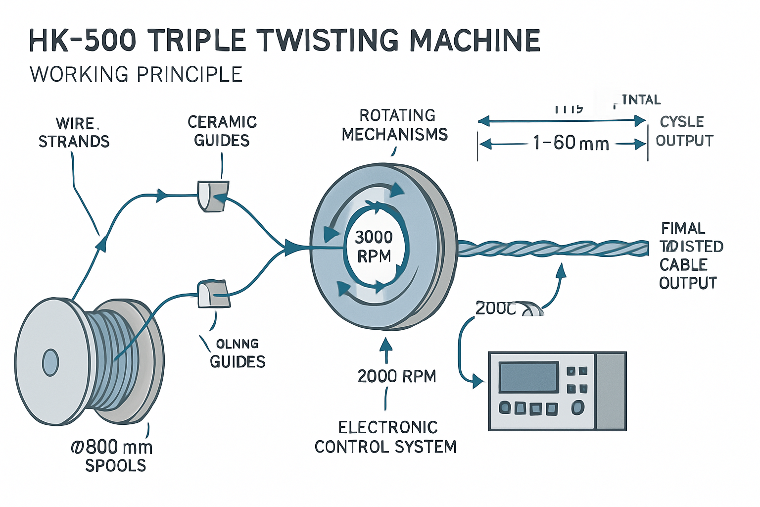 Triple Twisting Machine: Boost Production Speed 2 Принцип работы HK-500 - Техническая схема, демонстрирующая пошаговый процесс соединения трех прядей проволоки с помощью синхронизированных вращающихся механизмов со скоростью 2000 об/мин и диапазоном регулировки шага скручивания 1-60 мм.