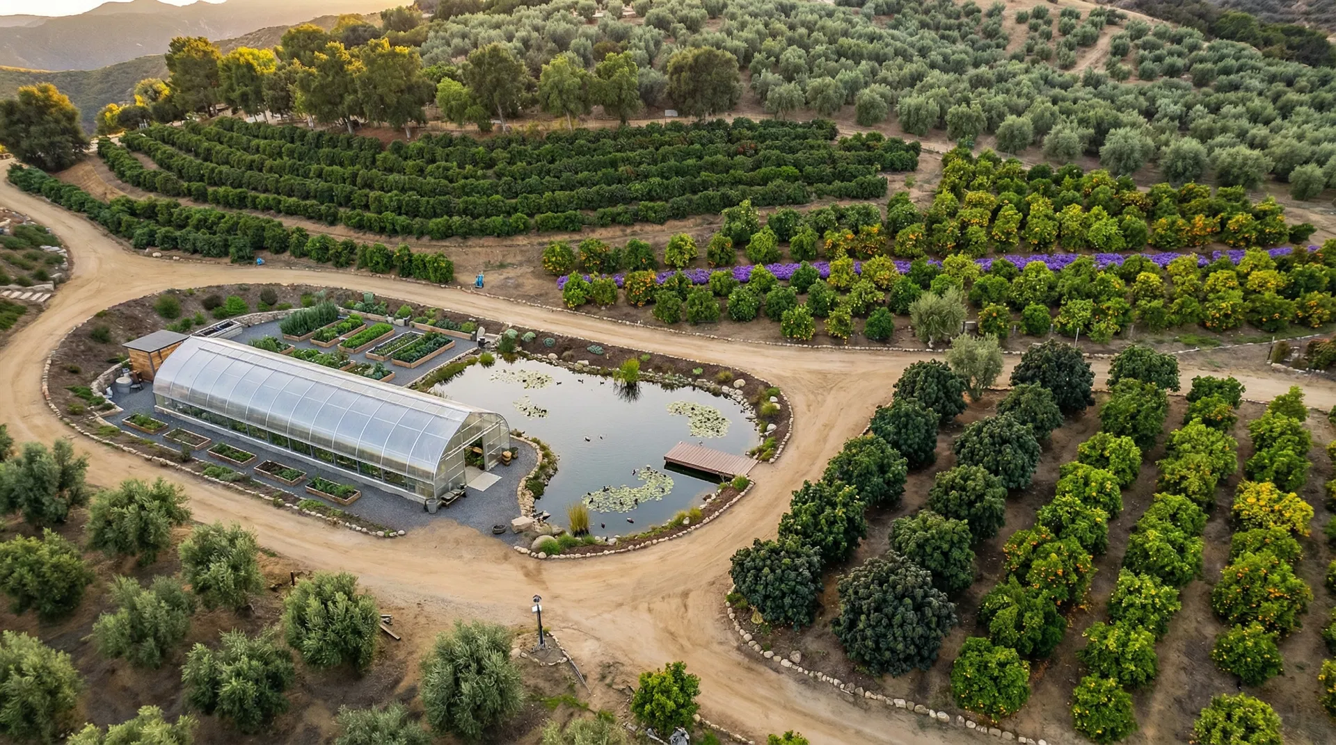 Greenhouse and duck pond surrounded by orchards