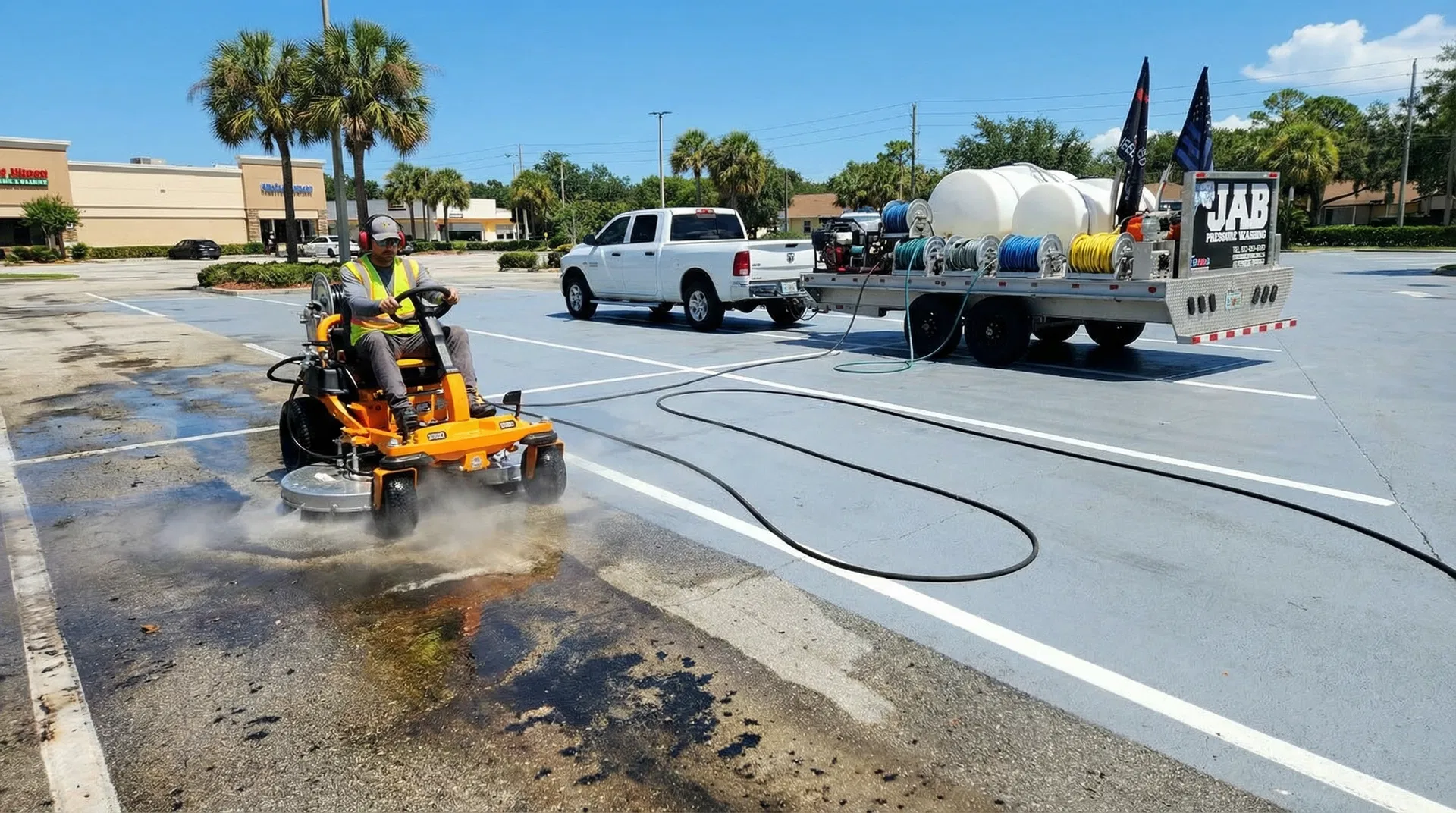 JAB crew using riding surface cleaner on commercial parking lot
