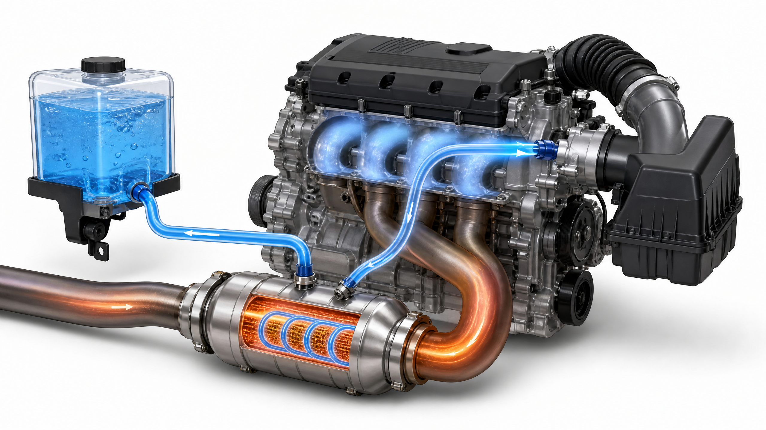 Schéma technique simplifié du kit Hybrid4All : injection d'air et échange thermique sur échappement