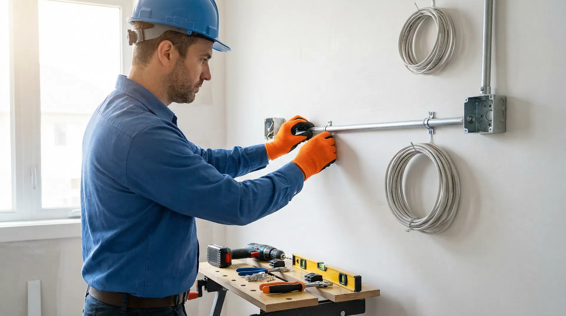 Técnico instalando fiação elétrica