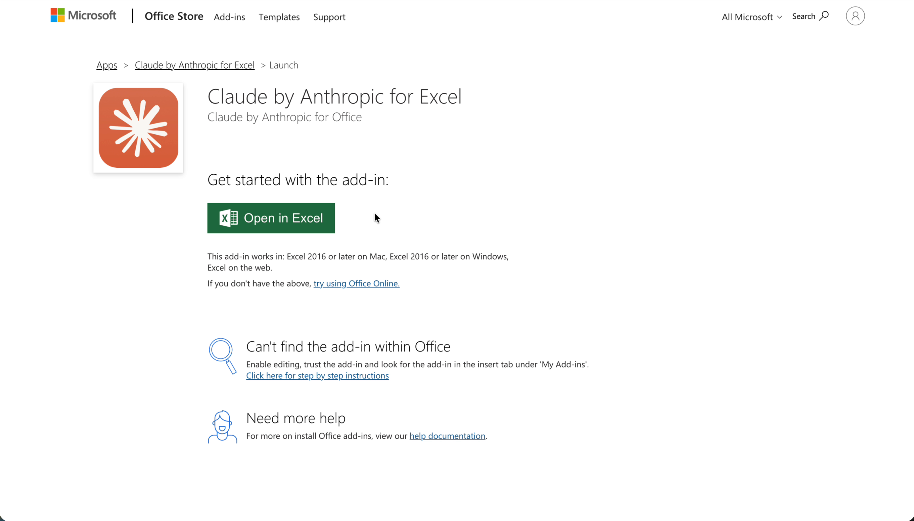 Open in ExcelとOffice Onlineの選択画面