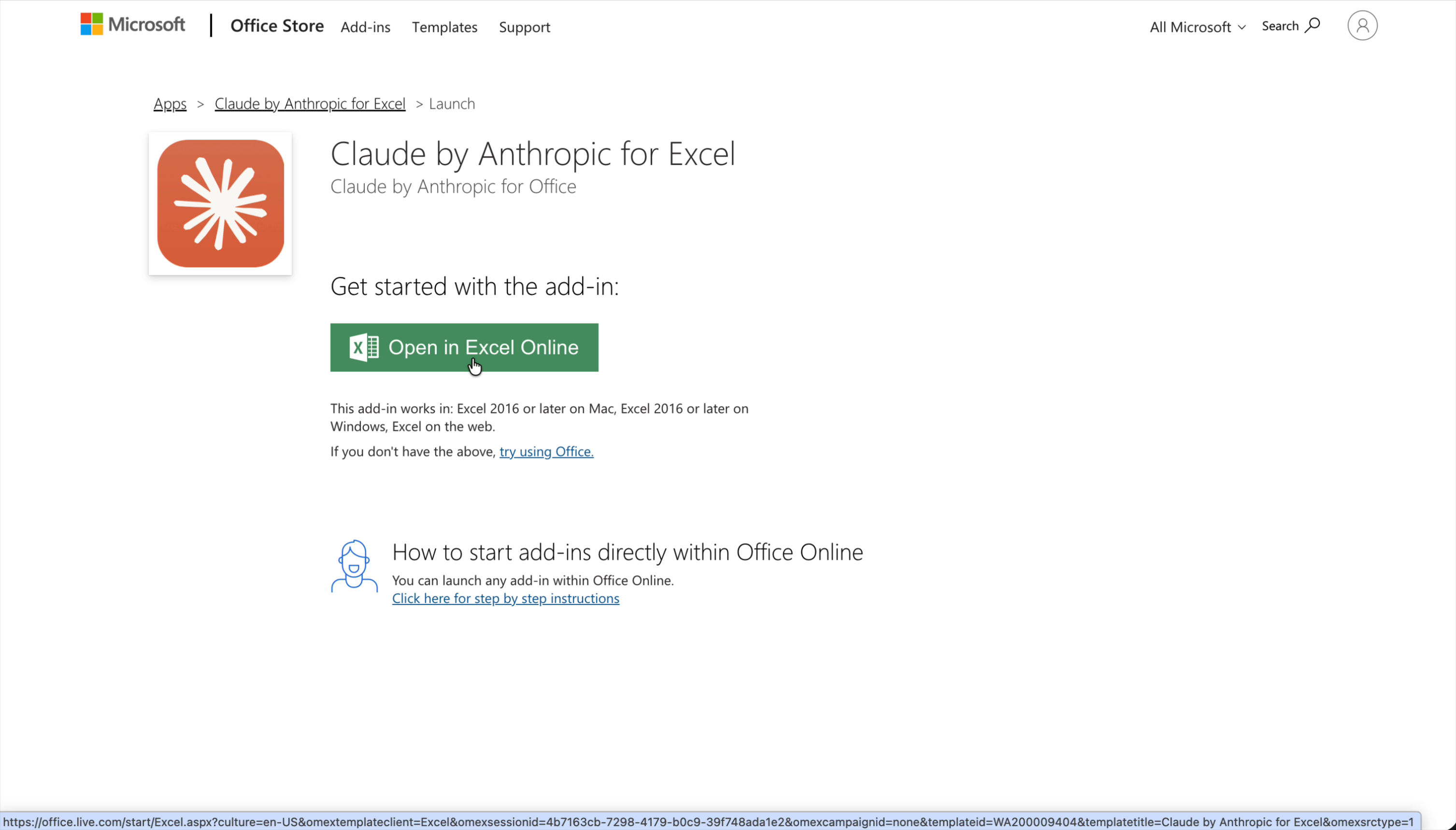Open in Excel Online画面