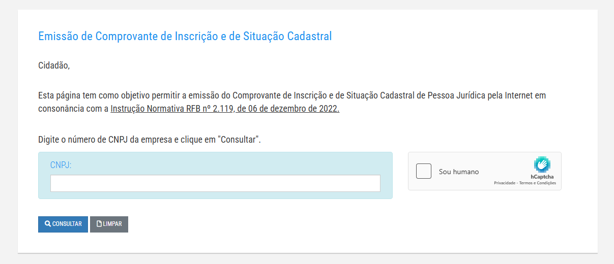 Tela inicial de consulta do Cartão CNPJ na Receita Federal