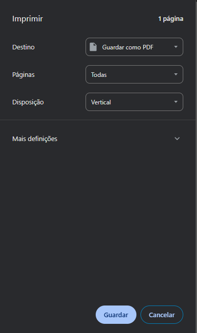 Tela de configuração de impressão para salvar como PDF